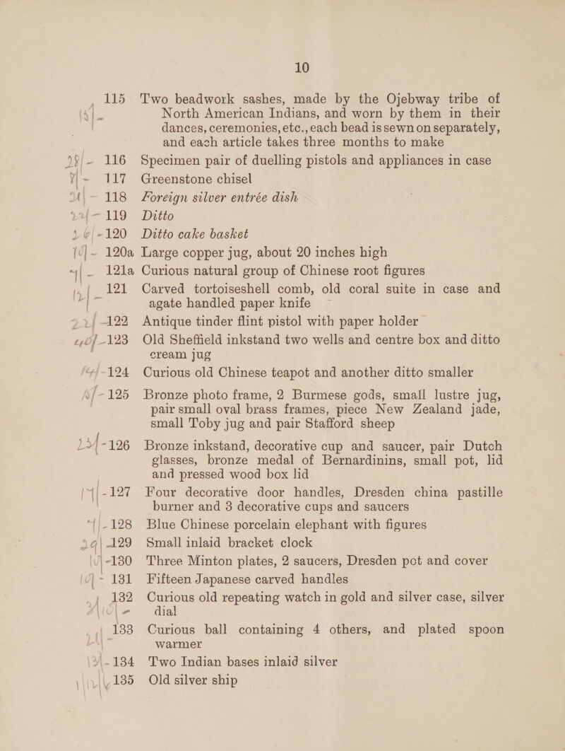 116 117 Wi—~ Vis 24-119 1 ¥|- 120 (]~ 120a 1c 121a | _ 121 i 3) shale bf -123 124 6/- 125 ee sf 126 [4-127 12128 4 q\ wAao (\ he ~130 [Yj - 131 es les yy. 134 Wy kee 10 North American Indians, and worn by them in their dances, ceremonies, etc., each bead issewn on separately, and eazh article takes three months to make Specimen pair of duelling pistols and appliances 1 in case Greenstone chisel Foreign silver entrée dish Ditto Ditto cake basket Large copper jug, about 20 inches high Curious natural group of Chinese root figures Carved tortoiseshell comb, old coral suite in case and agate handled paper knife Antique tinder flint pistol with paper holder Old Sheffield inkstand two wells and centre box and ditto cream jug Curious old Chinese teapot and another ditto smaller Bronze photo frame, 2 Burmese gods, small lustre jug, pair small oval brass frames, piece New Zealand jade, small Toby jug and pair Stafford sheep Bronze inkstand, decorative cup and saucer, pair Dutch glasses, bronze medal of Bernardinins, small pot, lid and pressed wood box lid Four decorative door handles, Dresden china pastille burner and 3 decorative cups and saucers Blue Chinese porcelain elephant with figures Small inlaid bracket clock Three Minton plates, 2 saucers, Dresden pot and cover Fifteen Japanese carved handles Curious old repeating watch in gold and silver case, gaye: dial Curious ball containing 4 others, and plated spoon warmer Two Indian bases inlaid silver Old silver ship