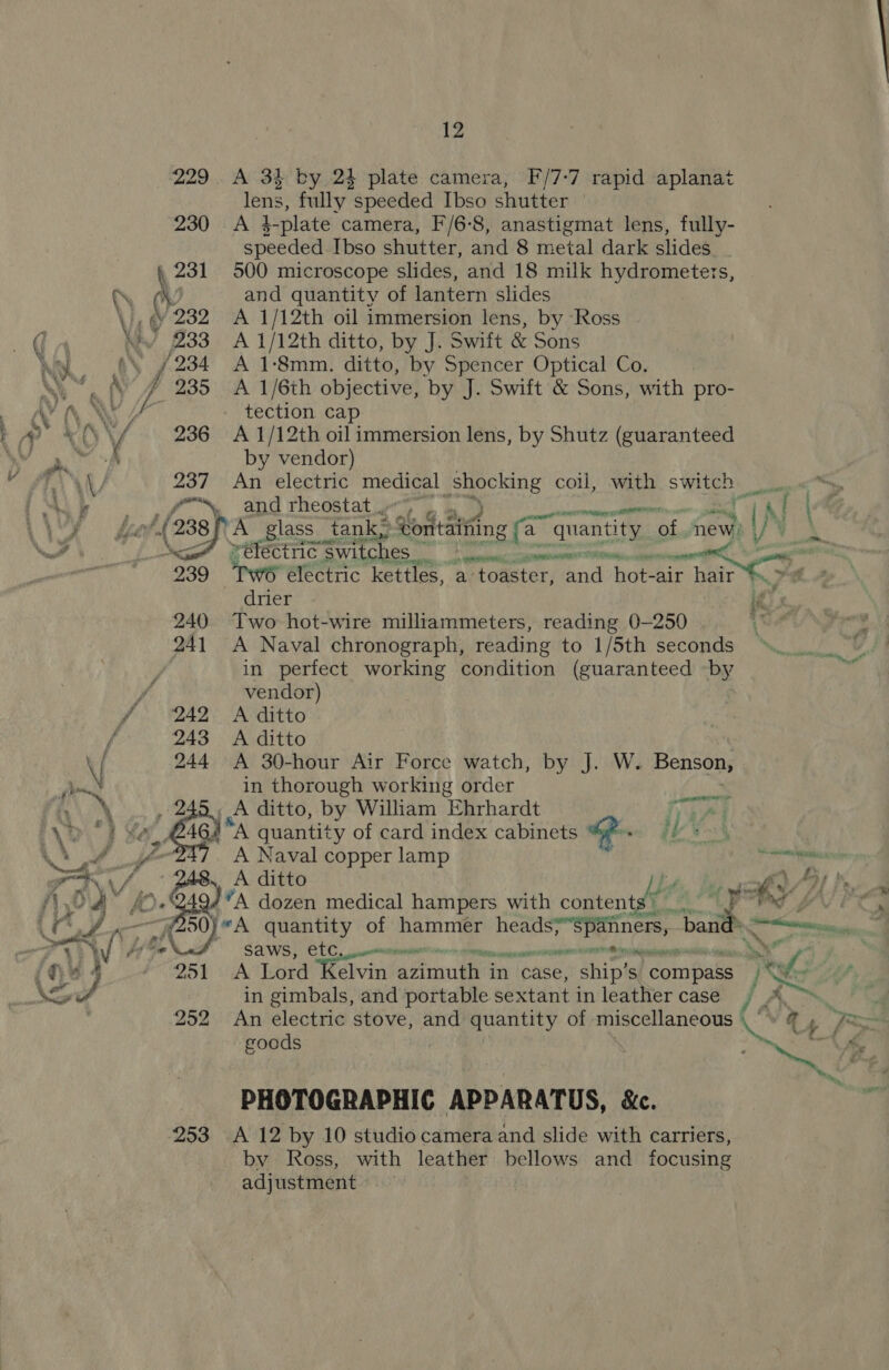 /, ra 239 240 241 ‘242 243 244 12 ee, fully speeded Ibso shutter | A 4-plate camera, F/6-8, anastigmat lens, fully- epee ttl Tbso shutter, and 8 metal dark slides 500 microscope slides, and 18 milk hydrometers, and quantity of lantern slides A 1/12th oil immersion lens, by Ross | A 1/12th ditto, by J. Swift &amp; Sons A 1:‘8mm. ditto, by Spencer Optical Co. A 1/6th objective, by J. Swift &amp; Sons, with pro- tection cap A 1/12th oil immersion lens, by Shutz (guaranteed by vendor) An electric med sshocine coil, with switch and rheostat., ¢ Two hot-wire milliammeters, reading 0-250 A Naval chronograph, reading to 1/5th seconds in perfect working condition (guaranteed by vendor) A ditto A ditto A 30-hour Air Force watch, by J. W. Benson, in thorough working order A ditto, by William Ehrhardt roy | A quantity of card index cabinets — H aio. A Naval copper lamp <a Ys ditto Qs vA dozen medical hampers with ang 251 252 253 SAWS, CTC, enon a en A Lord Kelvin fattuuiiet in case, ship’s compass ne D An electric stove, and quantity of miscellaneous rite. goods PHOTOGRAPHIC APPARATUS, &amp;. A 12 by 10 studio camera and slide with carriers, by Ross, with leather bellows and focusing adjustment | | ‘ a ®,