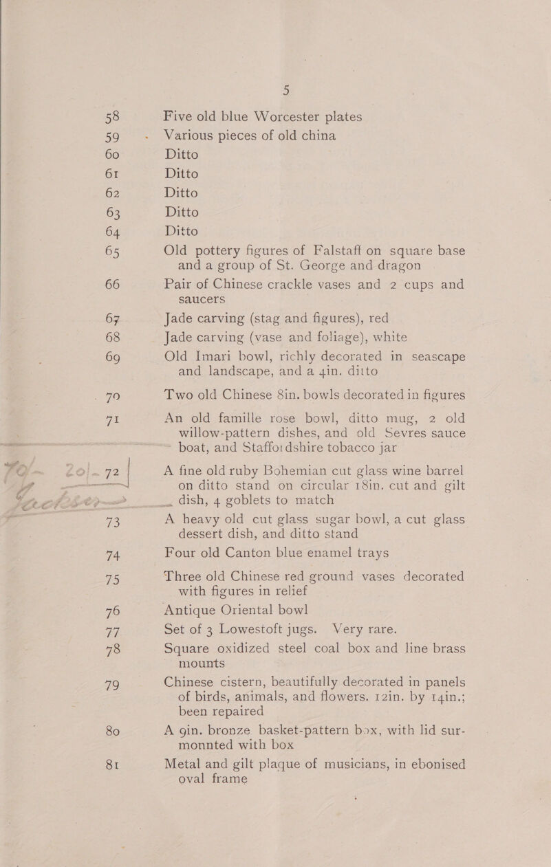 58 59 60 62 63 64 65 66 67 68 69 va 74 73 76 77 78 79 80 SI 5 Five old blue Worcester plates Various pieces of old china Ditto Ditto Ditto Ditto Ditto Old pottery figures of Falstaff on square base and a group of St. George and dragon Pair of Chinese crackle vases and 2 cups and saucers Jade carving (stag and figures), red Jade carving (vase and foliage), white Old Imari bowl, richly decorated in seascape and landscape, and a qin. ditto Two old Chinese 8in. bowls decorated in figures An old famille rose bowl, ditto mug, 2 old willow-pattern dishes, and old Sevres sauce boat, and Staffordshire tobacco jar A fine old ruby Bohemian cut glass wine barrel on ditto stand on circular 18in. cut and gilt A heavy old cut glass sugar bowl, a cut glass dessert dish, and ditto stand Four old Canton blue enamel trays Three old Chinese red ground vases decorated with figures in relief Set of 3 Lowestoft jugs. Very rare. Square oxidized steel coal box and line brass mounts Chinese cistern, beautifully decorated in panels of birds, animals, and flowers. rain. by 14in,; been repaired A gin. bronze basket-pattern box, with ua sur- monnted with box Metal and gilt plaque of musicians, in ebonised oval frame