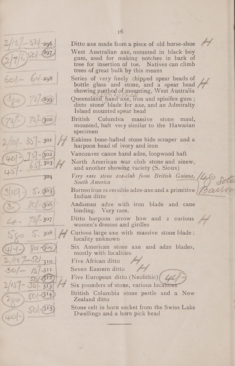 5 298 — ~304 £&gt;) = 5 LO | Datt és / a : Cs ‘ me y + ‘5 i 3 I t ¢ A314) 315) 16 Ditto axe made froma piece of old horse-shoe West Australian axe, mounted in black boy gum, used for making notches in bark of tree for insertion of toe. Natives can climb trees of great bulk by this means Series of very finely chipped spear heads of bottle glass and stone, and a spear head showing method of Mounting, West Australia Queensland. hand axe, iron and spinifex gum ; ditto stone’ blade for axe, and an Admiralty Island mounted spear head British Columbia massive stone maul, mounted, haft very similar to the Hawaiian specimen Eskimo bone-hafted stone hide scraper and a harpoon head of ivory and iron Vancouver canoe hand adze, loopwood haft North American war club stone and sinew, and another showing variety (S. Sioux) Very vave stone axe-club from British Guiana, South America Indian ditto Andaman adze with iron blade and cane binding. Very rare. Ditto harpoon arrow bow and 2 curious women’s dresses and girdles locality unknown Six American stone axe and adze blades, mostly with localities _ Five African ditto 9% J #£ fo Seven Eastern ditto fo? a Five European ditto (Neol ithic) ( LAL a e Six pounders of stone, various locatitres™ British Columbia stone pestle and a New Zealand ditto Stone celt in horn socket from the Swiss Lake Dwellings and a horn pick head ™,, &gt;
