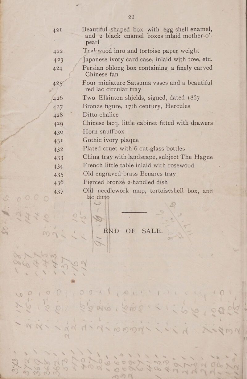 429 428 429 430 431 432 433 434 435 436 437 22 Beautiful shaped box with egg shell enamel, and 2 black enamel boxes inlaid mother-o’- pearl Teakwood inro and tortoise paper weight Persian oblong box containing a finely carved Chinese fan Four miniature Satsuma vases and a beautiful red lac circular tray Two Elkinton shields, signed, dated 1867 Bronze figure, 17th century, Hercules Ditto chalice Chinese lacq. little cabinet fitted with drawers Horn snuffbox Gothic ivory plaque Plated cruet with 6 cut-glass bottles China tray with landscape, subject The Hague French little table inlaid with rosewood Old engraved brass Benares tray Pierced bronze 2-handled dish | Old needlework map, tortoiseshell box, and lac ditto +. a 3 cy Ge + 3 PSS END OF SALE. ~