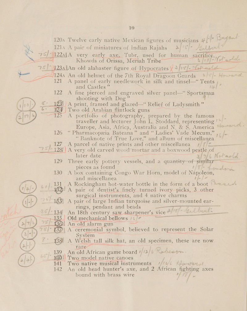  fo 1204 Twelve carly native Mexican figures of musicians aaa SI 1214 A pair of miniatures of Indian Rajahs HEIST AD eee P : Sa Q CS/Gl2zajA very early axe, Tubr, used for human sacrifice, Hee ee Khowds of Orissa, Meriah Tribe a a i i etl (Anatole 7S] 23a lan old alabaster figure of Hypocrates y Sf cf heed 1 Np f= erabol —___— ) a ——— --—/124a An old helmet of the 7th Royal Dragoon Guards a 121 A panel of early needlework in silk and tinsel—‘ Tents , and Castles ” al 122. A fine prerced ane engraved silver panel—* Sportsman — shooting with Dog” q i De 1B) A print, framed and glazed—“ Relief of Ladysmith ” 3 124 Two old Arabian flintlock guns “125 A portfolio of photography, prepared by the famous traveller and lecturer John L. Stoddard, representing ' Furope, Asia, Africa, Australia and N, &amp; S. America ' 126 “ Pharmacopzia Bateana” and“ Ladies’ Vade Mecum,” ,, fL “ Banknote of True Love,” and album of miscellanea < -) 127 _A parcel of native prints and other miscellanea 4/ f/2 “128)} A very old carved wood mortar and a boxwood pestle of    later date 2/2/4 Nofaetef 129 Three early pottery vessels, and a quanttty—of simitar— — pieces as found te AER, 130 A box containing Congo War Horn, model of NApdleons Z and miscellanea i} 7; ,\ ,,}.131. A Rockingham hot-water bottle in the form of a boot }*eer-4 Vs be 162 A pair of dentist's finely turned ivory—picks, 3 other os , surgical instruments, and 4 native charms (]-]- ) colle 163) A pair of large Indian turquoise and silver-mounted ear- WY Bad | rings, pendant and beads eT A ae AS wee oe =={°134 An 18th century saw -sharpener’s vice “Y A tbvts _ aN ——~-135.] Old mechanical bellows ++] ae. | > » ee An “old alarm gun Pa 7 Si | A ceremonial symbol, believed to represent the Solar < ) “a , System - RG eee 133) A Welsh. tall _silk hat, an old ge eat these are now Xe rare’ A > 139 An old African game board IZ) 6 Ketter fy lyl.) 140) Two model native canoes PY SU 141 Two native musical instruments ///2 142 An old head hunter’s axe, and 2 doh ‘fighting axes bound with brass wire / «