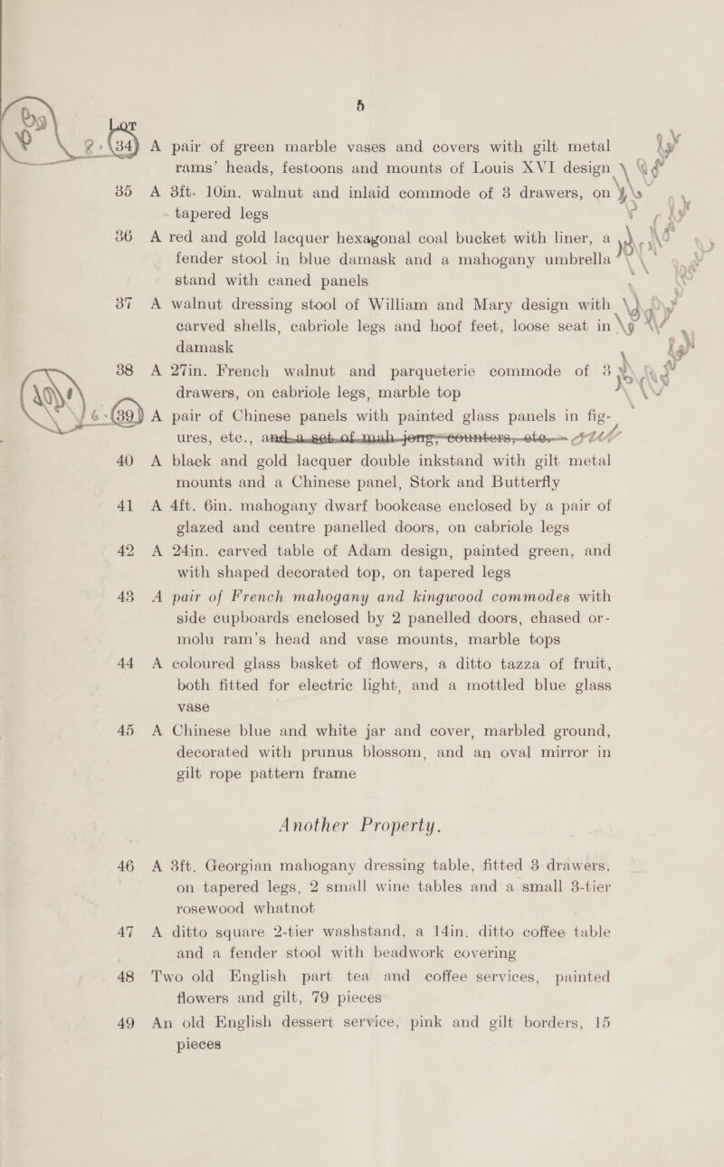 A pair of green marble vases and covers with gilt metal rams’ heads, festoons and mounts of Louis XVI design  A att. 10in. walnut and inlaid commode of 3 drawers, on \\s c - tapered legs ‘eee } 6 A red and gold lacquer hexagonal coal bucket with liner, a ,,). \o fender stool in blue damask and a mahogany umbrella 4 - stand with caned panels Me A walnut dressing stool of William and Mary design with \0 a es carved shells, cabriole legs and hoof feet, loose seat in \g “\/ damask [ A 27in. French walnut and parqueterie commode of 3 we AL drawers, on cabriole legs, marble top Ly  A pair of Chinese panels with pes oi Bar in fig- ULeS, CLC., AtGeaenk Otte “COUNLOFS;-ClGr— 7 40 &lt;A black and gold ee ieee mkstaid with Pe ‘Nolan mounts and a Chinese panel, Stork and Butterfly  41 A 4ft. 6in. mahogany dwarf bookcase enclosed by a pair of glazed and centre panelled doors, on cabriole legs 42 &lt;A 24in. carved table of Adam design, painted green, and with shaped decorated top, on tapered legs 43. A pair of French mahogany and kingwood commodes with side cupboards enclosed by 2 panelled doors, chased or- molu ram’s head and vase mounts, marble tops 44 &lt;A coloured glass basket of flowers, a ditto tazza of fruit, both fitted for electric light, and a mottled blue glass vase 45 A Chinese blue and white jar and cover, marbled ground, decorated with prunus blossom, and an oval mirror in gilt rope pattern frame Another Property. 46 A 3ft. Georgian mahogany dressing table, fitted 3 drawers, on tapered legs, 2 small wine tables and a small 3-tier rosewood whatnot 47 A ditto square 2-tier washstand, a 14in. ditto coffee table : and a fender stool with beadwork covering 48 Two old English part tea and coffee services, painted flowers and gilt, 79 pieces 49 An old English dessert service, pink and gilt borders, 15 pieces