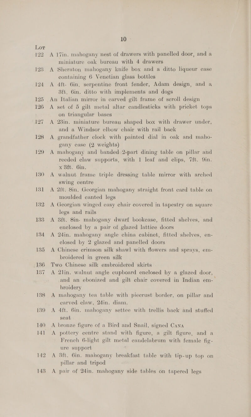 A 17in. mahogany nest of drawers with panelled door, and a miniature oak bureau with 4 drawers A Sheraton mahogany knife box and a ditto hqueur case containing 6 Venetian glass bottles A 4ft- 6in. serpentine front fender, Adam design, and a 8fb. 6in. ditto with implements and dogs An Italian mirror in carved gilt frame of scroll design A set of 5 gilt metal altar candlesticks with pricket tops on. triangular bases A 23in. miniature bureau shaped box with drawer under, and a Windsor elbow chair with rail back A grandfather clock with painted dial in oak and maho- gany case (2 weights) A mahogany and banded. 2-part dining table on pillar and reeded claw supports, with 1 leaf and clips, ft. Qin. Sit. Gin. A walnut frame triple dressing table mirror with arched swing centre A 2ft. 8in, Georgian mahogany straight front card table on moulded canted legs A Georgian winged easy chair covered in tapestry on square legs and rails A 8ft. 8in- mahogany dwarf bookcase, fitted shelves, and enclosed by a pair of glazed lattice doors A 24in. mahogany angle china cabinet, fitted shelves, en- closed by 2 glazed and panelled doors A Chinese crimson silk shawl with flowers and sprays, em- broidered in green silk Two Chinese silk embroidered skirts A 2lin. walnut angle cupboard enclosed by a glazed door, and an ebonized and gilt chair covered in Indian em- broidery A mahogany tea table with piecrust border, on pillar and earved claw, 24in. diam. A 4ft. 6in. mahogany settee with trellis back and stuffed seat A bronze figure of a Bird and Snail, signed Cana A pottery centre stand with figure, a gilt figure, and a French 6-light gilt metal candelabrum with female fig- ure support A 38ft. 6in. mahogany breakfast table with tip-up top on pillar and tripod A pair of 24in. mahogany side tables on tapered legs