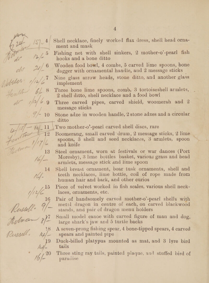 1) 4) Shell necklace, finely worked flax dress, shell head orna- ment and mask 5 Fishing net with shell sinkers, 2 mother-o’-pearl fish hocks and a bone ditto o,/ 6 Wooden food bowl, 4 combs, 5 carved lime spoons, bone A case dagger with ornamental handle, and 2 message sticks Jat Nine glass arrow heads, stone ditto, and another glass “Go implement 4 8 Three bone lime spoons, comb, 3 tortoiseshell armlets, ae 2 shell ditto, shell necklace and a food bowl /, fe message sticks 7/- 10 Stone adze in wooden handle, 2 stone adzes and a circular 25 gs Cibo, z: 12 Boomerang, small carved drum, 2 message sticks, 2 lime ie spoons, 8 shell and seed necklaces, 3 armlets, spoon © [/&amp; and knife 18 Steel ornament, worn at festivals or war dances (Port Sed Moresby), 3 lime bottles basket, various grass and bead / armlets, message stick and lime spoon 14 *Sbell breast ornament, boar tusk ornaments, shell and Me fe teeth necklaces, lime bottle, coil of rope made from human hair and bark, and other curios / 15 Piece of velvet worked in fish scales, various shell neck- 16 Pair of handsomely carved mother-o’-pearl shells with stands, and pair of dragon menu holders large shark’s jaw and 5 turtle backs 18 Aseven-prong fishing spear, 4 bone-tipped spears, 4 carved hj spears and painted pipe 9 Duck-billed platypus mounted as mat, and 3 lyre bird | - tails Ui 90 Three sting ray tails, ae plaque, and stuffed bird of paradise