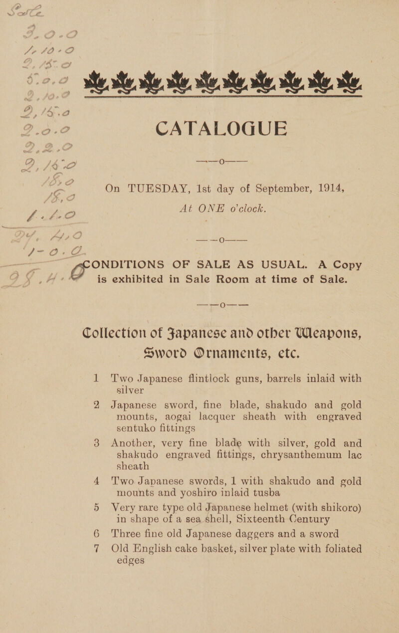 Mette se. tt é ae, 1é\, a v4 y oO —-—9—— é , On TUESDAY, Ist day of September, 1914, f | ee At ONE o'clock. Rae ee Pees (ke oe J-O+ 2 ONDITIONS OF SALE AS USUAL. A Copy J+ ® is exhibited in Sale Room at time of Sale. —_-— O0--_—- Collection of Japanese and other Weapons, Sword Ornaments, ete. 1 Two Japanese flintlock guns, barrels inlaid with silver 2 Japanese sword, fine blade, shakudo and gold mounts, aogal lacquer sheath with engraved sentuko fittings 3 Another, very fine blade with silver, gold and shakudo engraved fittings, chrysanthemum lac sheath 4 'l'wo. Japanese swords, 1 with shakudo and gold mounts and yoshiro inlaid tusba 5 Very rare type old Japanese helmet (with shikoro) in shape of a sea shell, Sixteenth Century 6 Three fine old Japanese daggers and a sword 7 Old English cake basket, silver plate with foliated edges