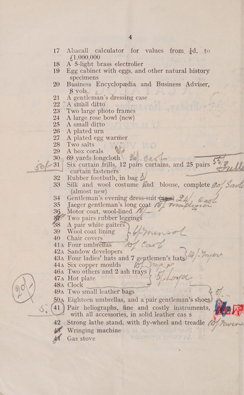 ey 18 19 20 21 a age 23° 24 25 26 27 28 29 30. 31 | to ain | 32 33 34 35 39 40 ALA 42A “ais 4 Abacall calculator for values from 4d, to £1,000,000 | A 5-light brass electrolier Egg cabinet with eggs, and other natural history specimens Business Encyclopedia and Business Adviser, S*vols2 4 A gentleman’s dressing case “A small ditto Two large photo frames A large rose bowl (new) A small ditto A plated urn A plated egg warmer Two salts fa 2% ; A box corals &gt;! ~ gf : i 69 yards longcloth | Sie. 7 sf SI t frills, 12 pairs athe ang.95- pairs ix curtain fr Pp nD pai LA Lb curtain fasteners Rubber footbath, in bag 4) eS Silk and wool costume and _ blouse, complete 967, Saute (almost new) Gentleman’s evening dress-suit of4/. Cage Jaeger gentleman’s long cont af Prashlepa ee Motor coat, wool-lined £2 ¢ Two pairs rubber leggings A pair white gaiters Sd : Wool coat lining Prep re aa Chair covers - Sete of ? Four umbrellas — tof Ca&lt;k&lt;ZF Sandow developers “ a Four ladies’ hats and 7 i ae S a4 | AR Six copper moulds Two others and 2 ash et, op Hot plate Dhow Clock Pe ray arcs Two small leather as i L of Eighteen umbrellas, and a pair gentleman’s shoes/ ) Pair heliographs, fine and costly Pments, with all accessories, in solid leather cas: s we Strong lathe stand, with fly-wheel and. treadle 2 7 Poavur: Wringing ‘machine Gas stove 