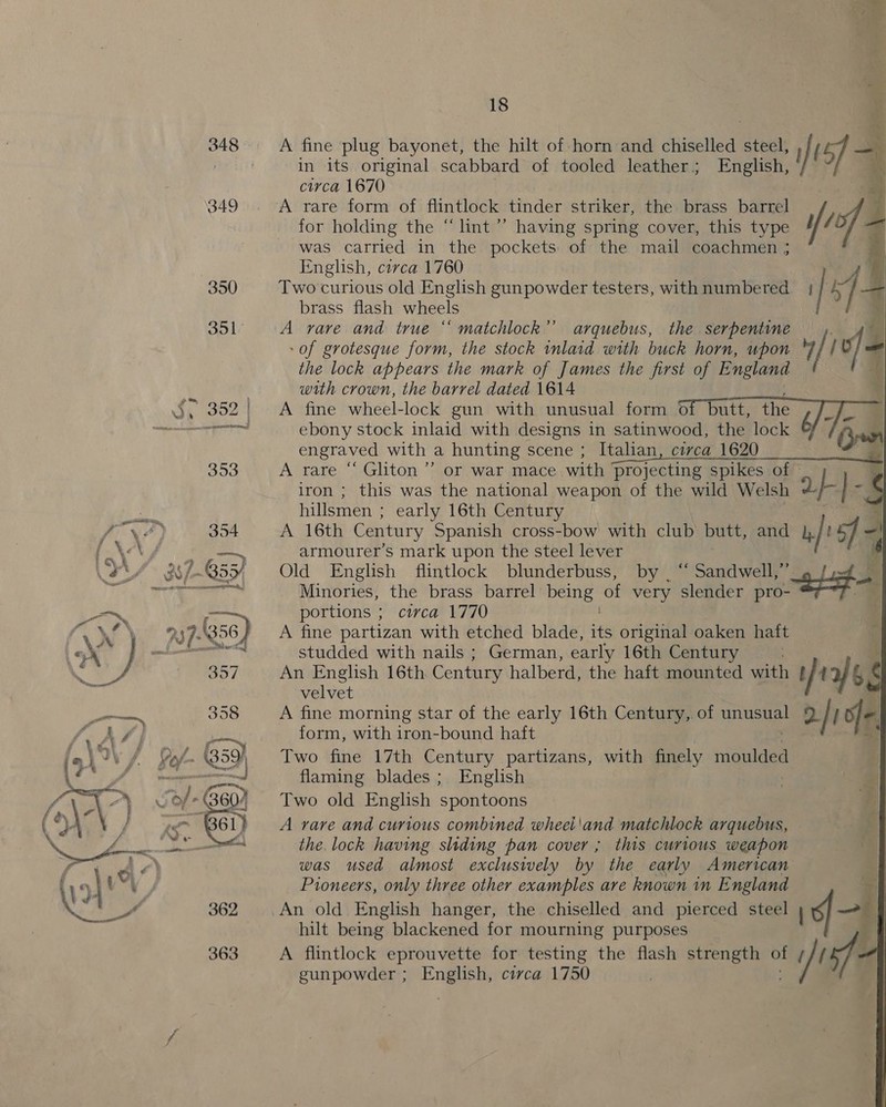 349 357 Dig an 358 Lf, / Tha. \ , rf / (359) (s\°V/ Bo/- Bsa} LA \ ee / \) Jof- B60 { L4 / eae \ df AS i. 61) 362 363 18 ;   A fine ‘plug bayonet, the hilt of horn and chiselled steel, } / { of = — in its original scabbard of tooled leather; English, | circa 1670 A rare form of flintlock tinder striker, the brass barrel for holding the “lint” having spring cover, this type ifs of. was carried in the pockets of the mail coachmen ; 4 English, circa 1760 Two curious old English gunpowder testers, withnumbered ; | | fq brass flash wheels A rare and true “‘ matchlock’’ arquebus, the serpentine - of grotesque form, the stock inlaid with buck horn, upon / /  the lock appears the mark of James the first of England with crown, the barrel dated 1614 A fine wheel-lock gun with unusual form of butt, the ebony stock inlaid with designs in satinwood, the lock engraved with a hunting scene ; Italian, circa 1620 A rare “ Gliton’’ or war mace with projecting spikes of © iron ; this was the national weapon of the wild Welsh af : : hillsmen ; early 16th Century A 16th Century Spanish cross-bow with club butt, and }. TY armourer’s mark upon the steel lever My Old English flintlock blunderbuss, by . “ Sandwell,’ ale a.) Minories, the brass barrel being of very slender pro- portions ; circa 1770 A fine partizan with etched blade, ie original oaken haft : studded with nails ; German, early 16th Century ' An English 16th Century halberd, the haft eid with p lth velvet A fine morning star of the early 16th Century, of ae 2% / i oe. form, with iron-bound haft 4. Two fine 17th Century partizans, with finely moulded flaming blades; English Two old English spontoons A rare and curious combined wheel'and matchlock arquebus, the lock having sliding pan cover ; this curious weapon was used almost exclusively by the early American Pioneers, only three other examples are known in England hilt being blackened for mourning purposes A flintlock eprouvette for testing the flash strength of t/t J , ; gunpowder ; aes Gs circa 1750