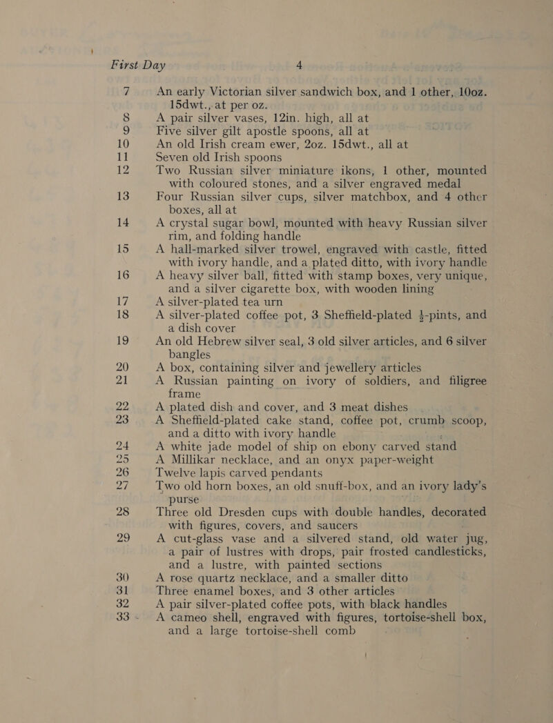 bbw bd bo “10&gt; o1 &amp; bo ea) 20 An early Victorian silver sandwich box, and 1 other, 10oz. 15dwt., at per oz. A pair silver vases, 12in. high, all at Five silver gilt apostle spoons, all at An old Irish cream ewer, 20z. 15dwt., all at Seven old Irish spoons Two Russian silver miniature ikons, 1 other, mounted with coloured stones, and a silver engraved medal Four Kussian silver cups, silver matchbox, and 4 other boxes, all at A crystal sugar bowl, mounted with heavy Russian silver rim, and folding handle A hall-marked silver trowel, engraved with castle, fitted with ivory handle, and a plated ditto, with ivory handle A heavy silver ball, fitted with stamp boxes, very unique, and a silver cigarette box, with wooden lining A silver-plated tea urn A silver-plated coffee pot, 3 Sheffield-plated 4-pints, and a dish cover An old Hebrew silver seal, 3 old silver articles, and 6 silver bangles A box, containing silver and jewellery articles A Russian painting on ivory of soldiers, and filigree frame A plated dish and cover, and 3 meat dishes A Sheffield-plated cake stand, coffee pot, crumb scoop, and a ditto with ivory handle A white jade model of ship on ebony carved stand — A Millikar necklace, and an onyx paper-weight Twelve lapis carved pendants Two old horn boxes, an old snuff-box, and an ivory lady’s purse Three old Dresden cups with double handles, decorated with figures, covers, and saucers A cut-glass vase and a silvered stand, old water jug, a pair of lustres with drops, pair frosted candlesticks, and a lustre, with painted sections A rose quartz necklace, and a smaller ditto Three enamel boxes, and 3 other articles A pair silver-plated coffee pots, with black handles A cameo shell, engraved with figures, tortoise- shell box, and a large tortoise-shell comb