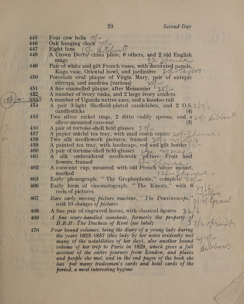  Four cow bells / Of — Oak hanging clock }0/— Eight fans {5 7_ d yf A Crown Derby ching Siate, 6 others, and 2_old English mugs hae Kaga vase, Oriental bowl, and jardiniére at) eas Porcelain oval plaque of Virgin Mary, oe of antique stirrups, and sundries (various) 33] - A fine enamelled plaque, after Meissonier * + ke A number of ivory tusks, and 2 large ivory arnilets A number of Uganda native axes, and a koodoo tail candlesticks (4) silver-mounted coco-nut is (5) A pair of tortoise-shell field glasses : A papier maché tea tray, with mail coach ios Two silk needlework pictures, framed %&amp; — Jv A painted tea tray, with landscape, red and gilt bard A pair of tortoise- shell field- “glasses | Ay, *r7) A silk. embroidered needlework a ture—F ruit BK flowers, framed = marked , f Early phonograph, “‘ The Graphophone,”’ colaplite V6 reels of pictures Rare early moving picture machine, “ The Praxinoscope,” with 10 changes of pictures H.R.H. The Duchess of Kent (see label) many of the notabtlities of her day), also another bound volume of her trip to Paris in 1829, which gives a full account of the entire journey from London, and places and people she met, and in the end pages of the book she has put many tradesmen’s cards and hotel cards of the pertod, a most interesting bygone