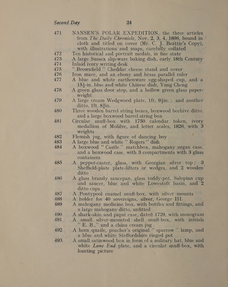 487 489 490 491 493 NANSEN’S, POLAR, EXPEDITION, | the three articles - from The Daily Chronicle, Nov. 2, 3, 4, 1896, bound in: cloth and titled on cover (Mr. or J. Beattie’s Copy), ° _ with illustrations and maps, carefully collated Ten historical and portrait medals, in fine state A large Sussex slip-ware baking dish, early 18th Century Inlaid ivory writing desk “ Brownfield ” Cheddar cheese stand and cover A blue and white earthenware egg-shaped .cup, and a 154-in. blue and white Chinese dish, Yung Cheng 5. A green glass door stop, and a hollow green glass paper-— weight A large cream Wedgwood plates, tit: 937i. ; and another ditto, lft. 8#in. Three wooden. barrel string boxes, boxwood pes ditto, and a large boxwood barrel string box 3 Circular snuff-box with 1750 calendar’ token, ivory medallion of Moliére, and letter scales, ‘1826, with 3 weights ‘e Flemish jug, with figure of dancing boy A large blue and white “ Rogers’’ dish | A boxwood “ Castle ’’ matchbox, mahogany organ case, and a boxwood case, with 3 compartments with 3 glass containers A pepper-caster, glass, with Georgian silver top; 3 Sheffield-plate plate-lifters or wedges, and 2 wooden ditto | A glass brandy saucepan, glass toddy-pot, Salopian cup and saucer, blue and white Lowestoft basin, and 2 ditto cups A Pontypool enamel snuff-box, with silver mounts — -. A’ holder for 40 sovereigns, silver, George III. i a. large mahogany ditto, unfitted A shark-skin and piqué case, dated 1729, with monogram “E. B.,’’ and a, china cream jug A horn quaife, poacher’s original ‘‘ sparrow’ lamp, and a blue and white Staffordshire ringed pot A small satinwood box in form of a military hat, blue and white Lane End plate, and a circular snuff-box, with hunting picture