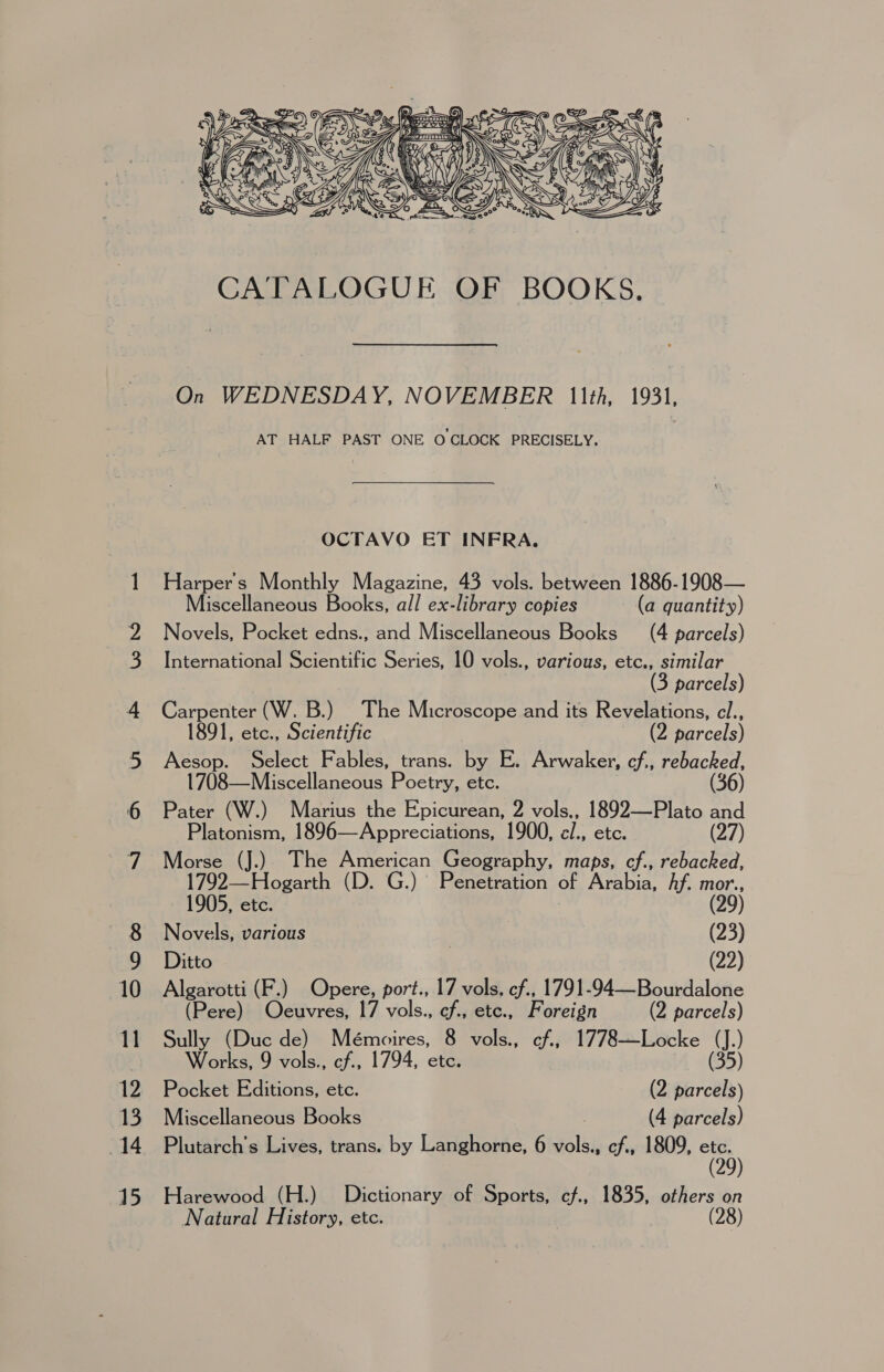 —s - Ws  CATALOGUE OF BOOKS. On WEDNESDAY, NOVEMBER 1th, 1931, AT HALF PAST ONE O CLOCK PRECISELY. OCTAVO ET INFRA. Harpers Monthly Magazine, 43 vols. between 1886-1908— Miscellaneous Books, all ex-library copies (a quantity) Novels, Pocket edns., and Miscellaneous Books (4 parcels) International Scientific Series, 10 vols., various, etc., similar (3 parcels) Carpenter (W. B.) The Microscope and its Revelations, cl., 1891, etc., Scientific (2 parcels) Aesop. Select Fables, trans. by E. Arwaker, cf., rebacked, 1708—Miscellaneous Poetry, etc. (36) Pater (W.) Marius the Epicurean, 2 vols., 1892—Plato and Platonism, 1896—Appreciations, 1900, cl., etc. (27) Morse (J.). The American Geography, maps, ef., rebacked, 1792—Hogarth (D. G.) Penetration of Arabia, hf. mor., 1905, etc. (29) Novels, various (23) Ditto (22) a cet (F.) Opere, port., 17 vols. cf., 1791-94—Bourdalone (Pere) Oeuvres, 17 vols., cf., etc., Foreign (2 parcels) bie (Duc de) Mémoires, 8 vols., cf, 1778—Locke (J.) Works, 9 vols., cf., 1794, ete. (35) Pocket Editions, etc. (2 parcels) Miscellaneous Books } (4 parcels) Plutarch’s Lives, trans. by Langhorne, 6 vols., ¢f., 1809, = Harewood (H.) Dictionary of Sports, cf., 1835, others on Natural History, etc. (28)