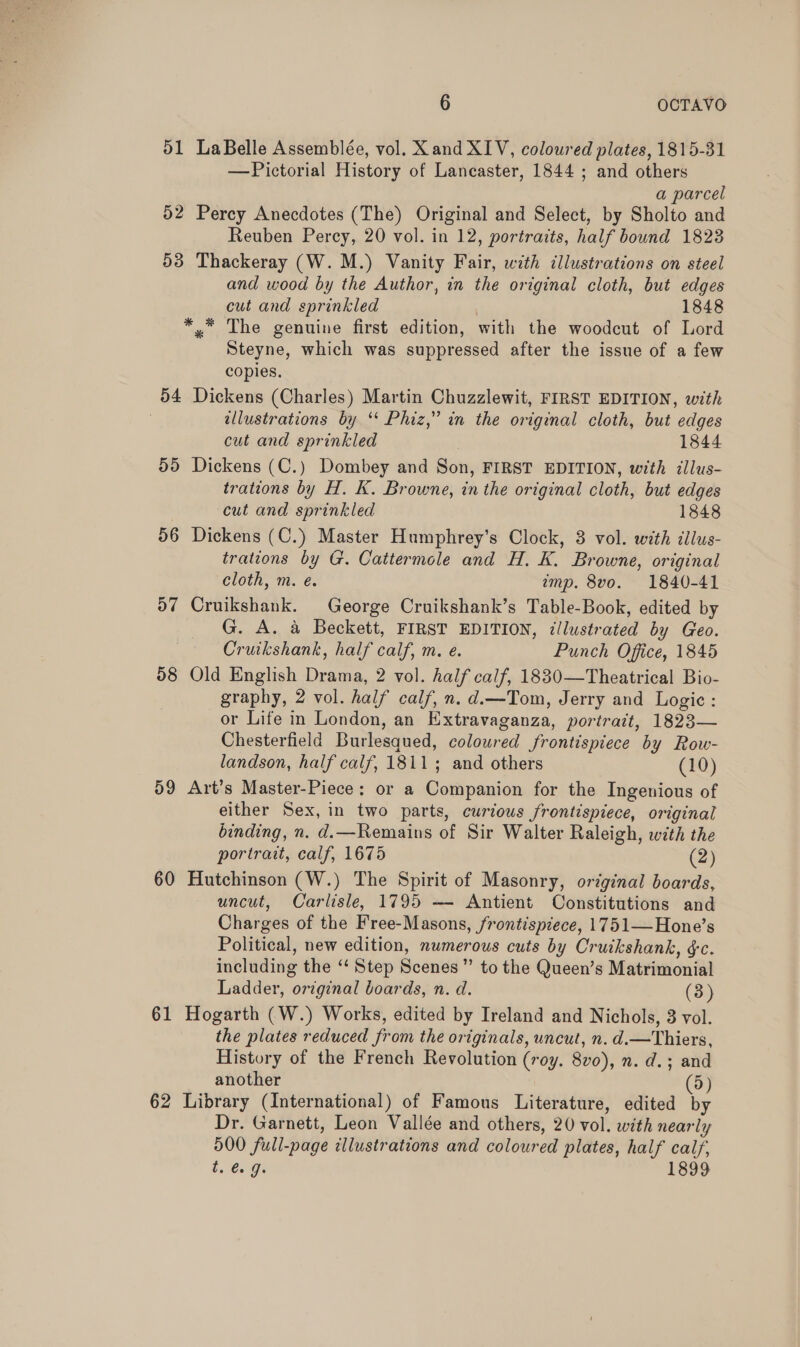 51 LaBelle Assemblée, vol. X and XIV, coloured plates, 1815-31 —Pictorial History of Lancaster, 1844 ; and others a parcel 52 Percy Anecdotes (The) Original and Select, by Sholto and Reuben Percy, 20 vol. in 12, portraits, half bound 1823 53 Thackeray (W. M.) Vanity Fair, with illustrations on steel and wood by the Author, in the original cloth, but edges cut and sprinkled : 1848 *,* The genuine first edition, with the woodcut of Lord Steyne, which was suppressed after the issue of a few copies. 54 Dickens (Charles) Martin Chuzzlewit, FIRST EDITION, with : wllustrations by ‘‘ Phiz,” in the original cloth, but edges cut and sprinkled ! 1844 55 Dickens (C.) Dombey and Son, FIRST EDITION, with dllus- trations by H. K. Browne, in the original cloth, but edges cut and sprinkled 1848 56 Dickens (C.) Master Humphrey’s Clock, 3 vol. with illus- trations by G. Cattermole and H. K. Browne, original cloth, m. e. emp. 8vo. 1840-41 57 Cruikshank. George Cruikshank’s Table-Book, edited by G. A. 4 Beckett, FIRST EDITION, illustrated by Geo. Cruikshank, half calf, m. e. Punch Office, 1845 58 Old English Drama, 2 vol. half calf, 18830—Theatrical Bio- graphy, 2 vol. half calf, n. d.—Tom, Jerry and Logic : or Life in London, an Extravaganza, portrait, 1823— Chesterfield Burlesqued, colowred frontispiece by Row- landson, half calf, 1811; and others (10) 59 Art’s Master-Piece: or a Companion for the Ingenious of either Sex, in two parts, curious frontispiece, original binding, n. d.—Remains of Sir Walter Raleigh, with the portrait, calf, 1675 (2) 60 Hutchinson (W.) The Spirit of Masonry, original boards, uncut, Carlisle, 1795 — Antient Constitutions and Charges of the Free-Masons, frontispiece, 1751—Hone’s Political, new edition, numerous cuts by Cruikshank, &amp;c. including the ‘“‘ Step Scenes” to the Queen’s Matrimonial Ladder, original boards, n. d. (3) 61 Hogarth (W.) Works, edited by Ireland and Nichols, 3 vol. the plates reduced from the originals, uncut, n. d.—Thiers, History of the French Revolution (roy. 8vo0), n. d.; and another (5) 62 Library (International) of Famous Literature, edited by Dr. Garnett, Leon Vallée and others, 20 vol. with nearly 500 full-page illustrations and coloured plates, half cal/, t. €. J. 1899