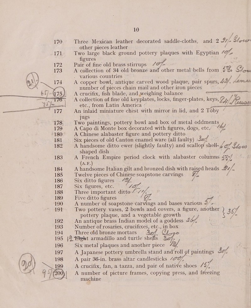 / yy tear tt?* = 170 Three Mexican leather decorated saddle-cloths, and 2 7 other pieces leather 171 Two large black ground pottery plaques with Egyptian tof figures V2 Pair of fine old brass stirrups 7 on, rn 173 A collection of 34 old bronze and other metal bells from 5%, Siem various countries | y ff A copper bowl, antique carved wood plaque, pair spurs, Md, &lt;ernrss number of pieces chain mail and other iron pieces A crucifix, fish blade, and weighing balance . A collection of fine old keyplates, locks, finger-plates, keys, etc., from Latin America ’ ; 5 Peawoe An inlaid miniature chest with mirror in lid, and 2 Toby | jugs 178 Two paintings, pottery bowl and box of metal oddments / 179 A Capo di Monte box decorated with figures, dogs, etcs “2 “180 A Chinese alabaster figure and pottery ditto ) / 181 Six pieces of old Canton enamel ware (all faulty) 3ex4 182 A handsome ditto ewer (slightly faulty) and scallop shell- J P gS A Liew shaped dish 183 A French Empire period clock with alabaster columns ie ye   (A.F.) 184 A handsome Italian gilt and bronzed dish with raised heads if, 185 Twelve pieces of Chinese soapstone carvings 7A 186 Six ditto figures ee é 187 Six figures, etc. 188 Three important ditto WA WE, 189 Five ditto figures 7 190 A number of soapstone carvings and bases various 2, i-&gt; 191°. Two pottery vases, 2 bowls and covers, a figure, another , 3 47 pottery plaque, and a vegetable growth y) : 192 An antique brass Indian model of a goddess 264 193 Number of rosaries, crucifixes, etc., in box 194 Three old bronze mortars bof 195 |2 ekt armadillo and turtle shells Ena 196 Six metal plaques and another piece Yof vo~ 197 A Japanese pottery umbrella stand and roll pu paintings Sof f : i ny, )\ 198 A pair 36-in. brass altar candlesticks 4727, y \ “4 4 A crucifix, fan, a tazza, and pair of native shoes EY |  A number of picture frames, copying press, and onan machine