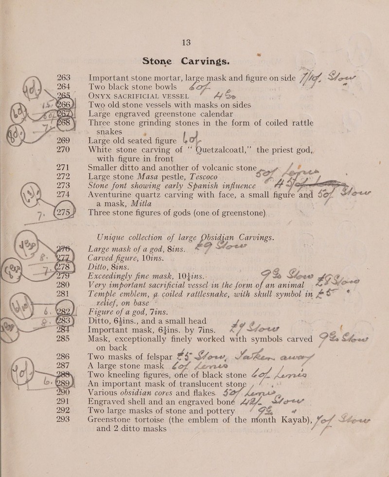  13 Stone Carvings. Important stone mortar, large mask and neti on side q he, Vow ONYX SACRIFICIAL VESSEL * A/S Two old stone vessels with masks on sides Large engraved greenstone calendar Three stone grinding stones in the form of coiled rattle snakes of, Large old seated figure l White stone carving of ‘ pint celocatl, the priest god,, with figure in front Smaller ditto and another of volcanic stone Sor oy ret Large stone Masa pestle, Tescoco 4 ad ~ Stone font showing early Spanish influence creer re / Aventurine quartz carving with face, a small fiver and A Slee a mask, Mitla Three stone figures of gods (one of greenstone)    Dike collection of large Le Gere. Large mask of a god, 8ins. ™ | oe Carved figure, 10ins. Ditto, 8ins. Exceedingly fine mask, 1\Oqins. FP Se Goan SARE . Very wmportant sacrificial vessel in the form of an animal woo? Temple emblem, @. coiled rattlesnake, with skull lhe: in por . __xehef, on base: Figure of a god, Tims. Ditto, 63ins., and a small head 4 | 297 t, Important mask, 6lins. by 7ins. %/ ~eoces ( Mask, exceptionally finely worked with a carved © 9E Se ae on back Two masks. of sat: # 5) Hore, cS fe Sh, Se ewer ig” A large stone mask ALTAR Two kneeling figures, “a of black pie a oh ks Keqren An important mask of translucent sto We Various obsidian cores and flakes. $2 fH Engraved shell and an engraved boné LY. Gore | Two large masks of stone and pottery ( Fa 7 Greenstone tortoise (the emblem of the nfonth Kayab), Vos iiemeer and 2 ditto masks | | ce