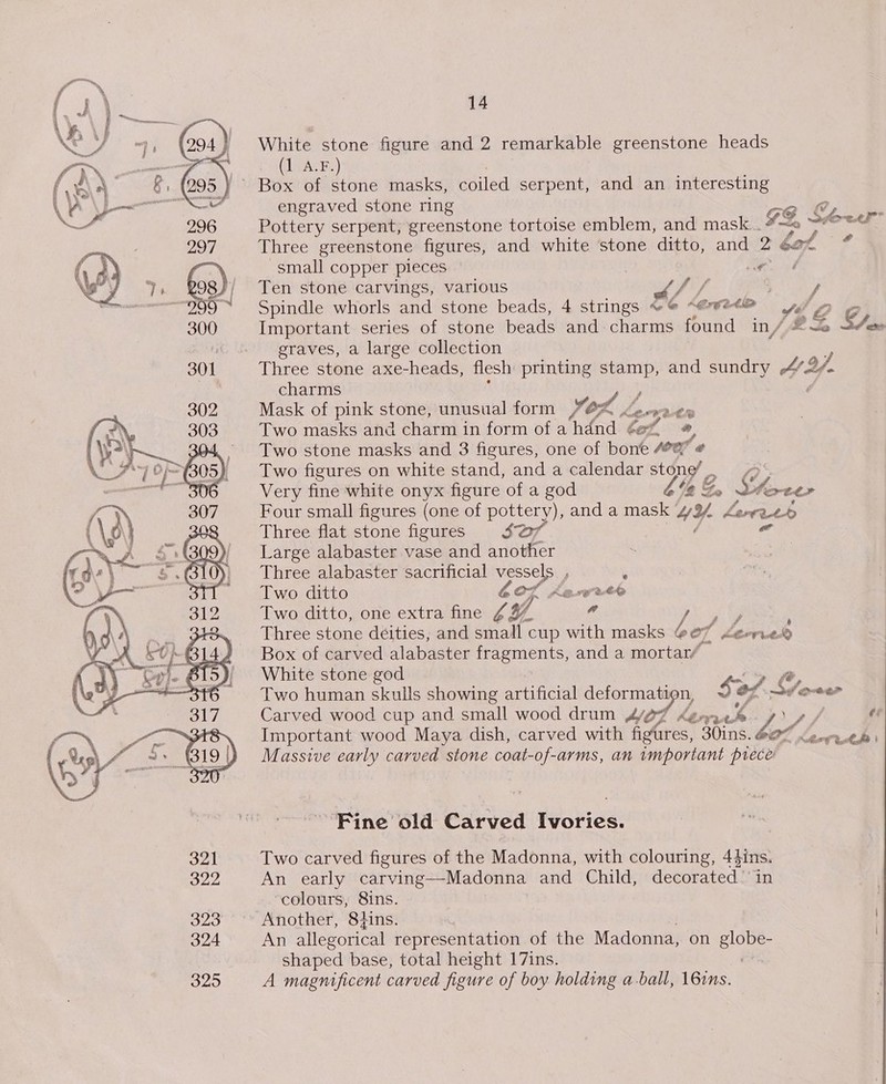   323 324 325 14 White stone figure and 2 remarkable greenstone heads (1 A.F.) engraved stone ring g &amp; s Pottery serpent; greenstone tortoise emblem, and mask... cA Stour Three greenstone figures, and white stone ditto, and 2 bof nf small copper pieces We: Ten stone carvings, various pif . ‘A Spindle whorls and stone beads, 4 strings ~ Cenvtbh YJ ne A Important series of stone beads and charms found in//2 te 2Aex graves, a large collection Three stone axe-heads, flesh printing stamp, and sundry AY. charms 5 ; Mask of pink stone, unusual form VK Le LeU RR w Two masks and charm in form of a nitrde f oa Two stone masks and 3 figures, one of ane (OC @ Two figures on white stand, and a calendar stone Very fine white onyx figure of a god “4 &amp;. SK a Four small figures (one of pottery), and a mask 4Y¥- Lerveth Three flat stone figures So” o“ Large alabaster vase and another Three alabaster sacrificial vessels , Two ditto 6er Lewr et Two ditto, one extra fine ¢ oy Le Gp Three stone deities, and small cup 8 masks be7 Lead Box of carved alabaster fragments, and a mortar” White stone god a Two human skulls showing artificial deformation, S$ af Hower Carved wood cup and small wood drum 4/7 deme , Important wood Maya dish, carved with figures, 30ins. bol L ‘ Kactuth | Massive early carved stone coat-of-arms, an important piece: Fine old Carved Ivories. Two carved figures of the Madonna, with colouring, 44ins. An early carving—Madonna and Child, decorated” in ‘colours, 8ins. Another, 8dins. An allegorical representation of the Madonna, on globe- shaped base, total height 17ins. A magnificent carved figure of boy holding a ball, 16ins.