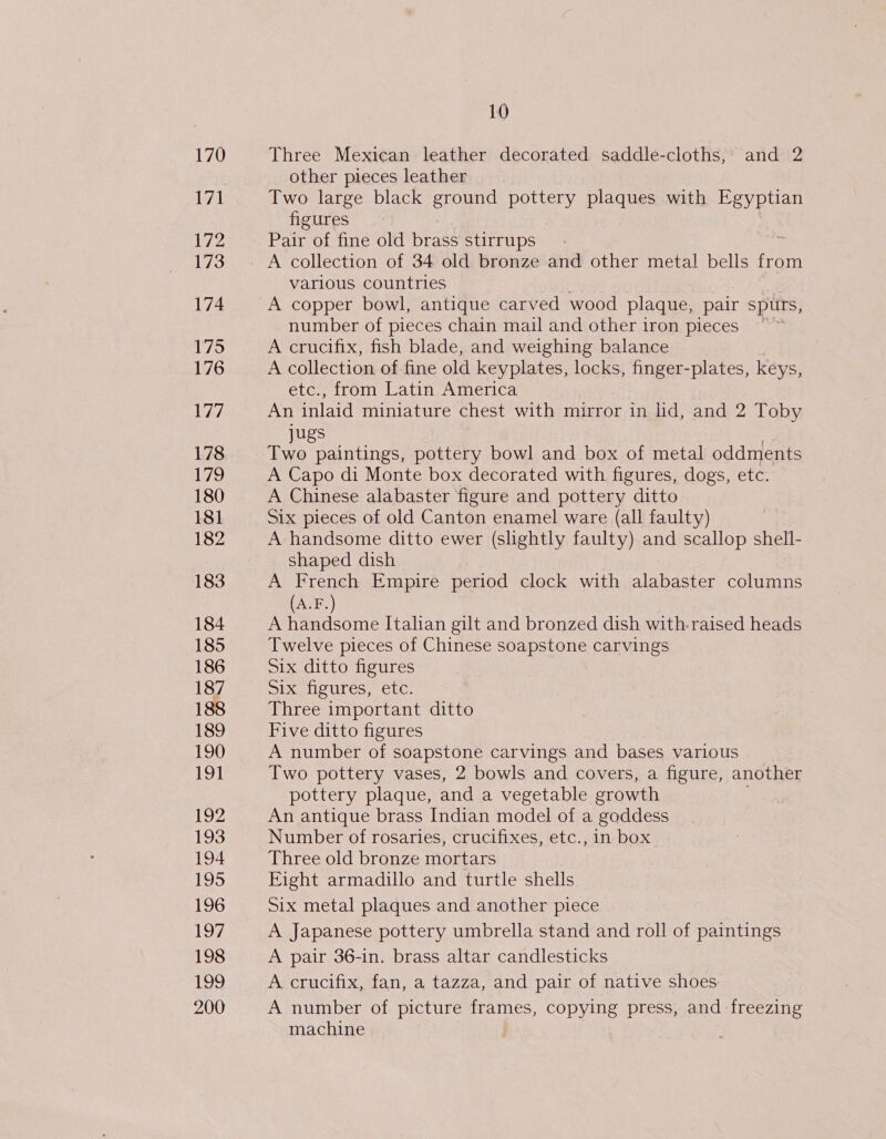 170 172 173 174 175 176 177 178 179 180 181 182 183 184 185 186 187 188 189 190 191 192 193 194 195 196 197 198 199 200 10 Three Mexican leather decorated saddle-cloths,’ and 2 other pieces leather Two large black ground pottery plaques with Egyptian figures Pair of fine old brass stirrups various countries A copper bowl, antique carved wood plaque, pair spurs, number of pieces chain mail and other iron pieces A crucifix, fish blade, and weighing balance A collection of fine old keyplates, locks, finger-plates, keys, etc., from Latin America An inlaid miniature chest with mirror in lid, and 2 Toby jugs Two paintings, pottery bowl and box of metal oddments A Capo di Monte box decorated with figures, dogs, etc. A Chinese alabaster figure and pottery ditto Six pieces of old Canton enamel ware (all faulty) A handsome ditto ewer (slightly faulty) and scallop shell- shaped dish A French Empire period clock with alabaster columns (A.F.) A handsome Italian gilt and bronzed dish with-raised heads Twelve pieces of Chinese soapstone carvings Six ditto figures mixatieures, etc, Three important ditto Five ditto figures A number of soapstone carvings and bases various Two pottery vases, 2 bowls and covers, a figure, another pottery plaque, and a vegetable erowth An antique brass Indian model of a goddess Number of rosaries, crucifixes, etc., in box Three old bronze mortars Eight armadillo and turtle shells Six metal plaques and another piece A Japanese pottery umbrella stand and roll of paintings A pair 36-in. brass altar candlesticks A crucifix, fan, a tazza, and pair of native shoes A number of picture frames, copying press, and freezing machine