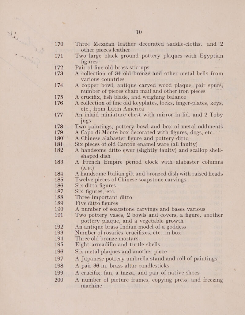 170 jh 172 173 174 175 176 LY, 178 ig 180 181 182 183 184 185 186 187 188 189 190 rol 192 193 194 195 196 197 198 199 200 10 Three Mexican leather decorated saddle-cloths, and 2 other pieces leather Two large black ground pottery plaques with Egyptian figures Pair of fine old brass stirrups A collection of 34 old bronze and other metal bells from various countries A copper bowl, antique carved wood plaque, pair spurs, number of pieces chain mail and other iron pieces A crucifix, fish blade, and weighing balance A collection of fine old keyplates, locks, finger-plates, keys, etc., from Latin America © An inlaid miniature chest with mirror in lid, and 2 Toby jugs Two paintings, pottery bowl and box of metal oddments A Capo di Monte box decorated with figures, dogs, etc. A Chinese alabaster figure and pottery ditto Six pieces of old Canton enamel ware (all faulty) A handsome ditto ewer (slightly faulty) and scallop shell- shaped dish A French Empire period clock with alabaster columns (A.F.) A handsome Italian gilt and bronzed dish with raised heads Twelve pieces of Chinese soapstone carvings Six ditto figures Six figures, etc: Three important ditto Five ditto figures A number of soapstone carvings and bases various Two pottery vases, 2 bowls and covers, a figure, another pottery plaque, and a vegetable growth An antique brass Indian model of a goddess Number of rosaries, crucifixes, etc., in box Three old bronze mortars Eight armadillo and turtle shells Six metal plaques and another piece A Japanese pottery umbrella stand and roll of paintings A pair 36-in. brass altar candlesticks A crucifix, fan, a tazza, and pair of native shoes A number of picture frames, copying press, and freezing machine