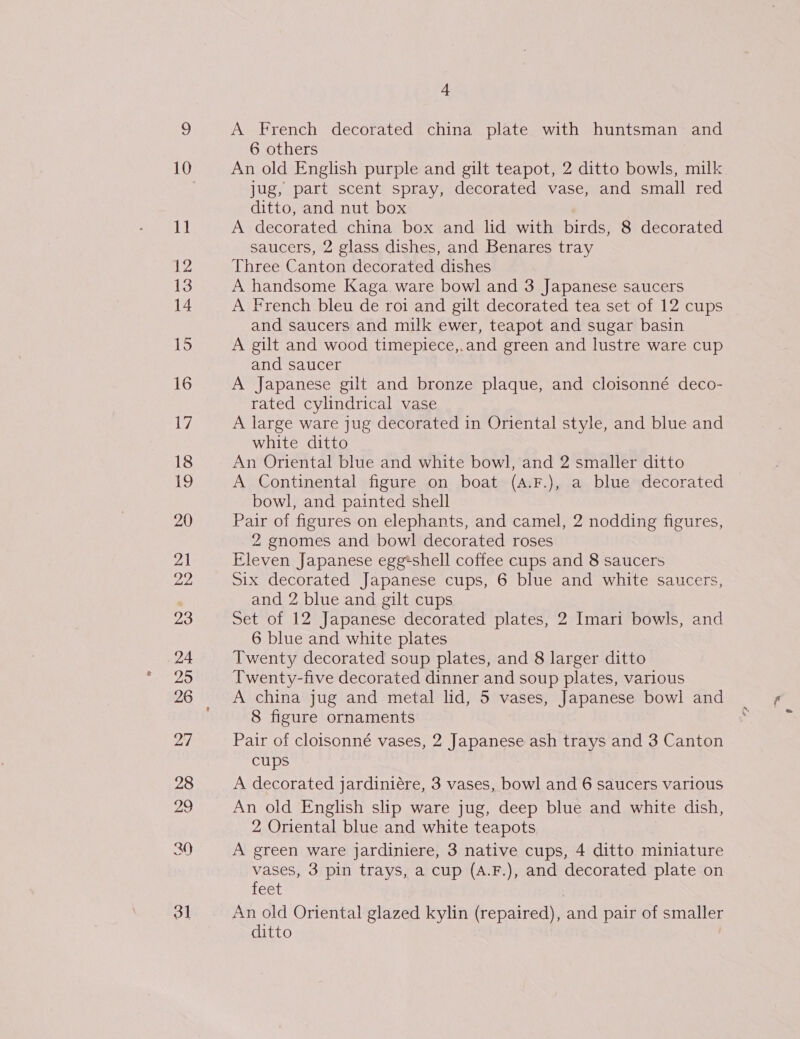 12 13 14 15 16 17 18 19 20 21 22 23 24 29 26 27 28 29 3] + A French decorated china plate with huntsman and 6 others An old English purple and gilt teapot, 2 ditto bowls, milk jug, part scent spray, decorated vase, and small red ditto, and nut box saucers, 2 glass dishes, and Benares tray Three Canton decorated dishes A handsome Kaga ware bowl and 3 Japanese saucers A French bleu de roi and gilt decorated tea set of 12 cups and saucers and milk ewer, teapot and sugar basin A gilt and wood timepiece,.and green and lustre ware cup and saucer A Japanese gilt and bronze plaque, and cloisonné deco- rated cylindrical vase A large ware jug decorated in Oriental style, and blue and white ditto An Oriental blue and white bowl, and 2 smaller ditto A Continental figure on boat (A.F.), a blue decorated bowl, and painted shell Pair of figures on elephants, and camel, 2 nodding figures, 2 gnomes and bowl decorated roses Eleven Japanese egg*shell coffee cups and 8 saucers Six decorated Japanese cups, 6 blue and white saucers, and 2 blue and gilt cups Set of 12 Japanese decorated plates, 2 Imari bowls, and 6 blue and white plates Twenty decorated soup plates, and 8 larger ditto Twenty-five decorated dinner and soup plates, various A china jug and metal lid, 5 vases, Japanese bowl and 8 figure ornaments Pair of cloisonné vases, 2 Japanese ash trays and 3 Canton cups A decorated jardiniére, 3 vases, bowl and 6 saucers various An old English slip ware jug, deep blue and white dish, 2 Oriental blue and white teapots A green ware jardiniere, 3 native cups, 4 ditto miniature vases, 3 pin trays, a cup (A.F.), and decorated plate on feet An old Oriental glazed kylin (repaired), and pair of smaller ditto |
