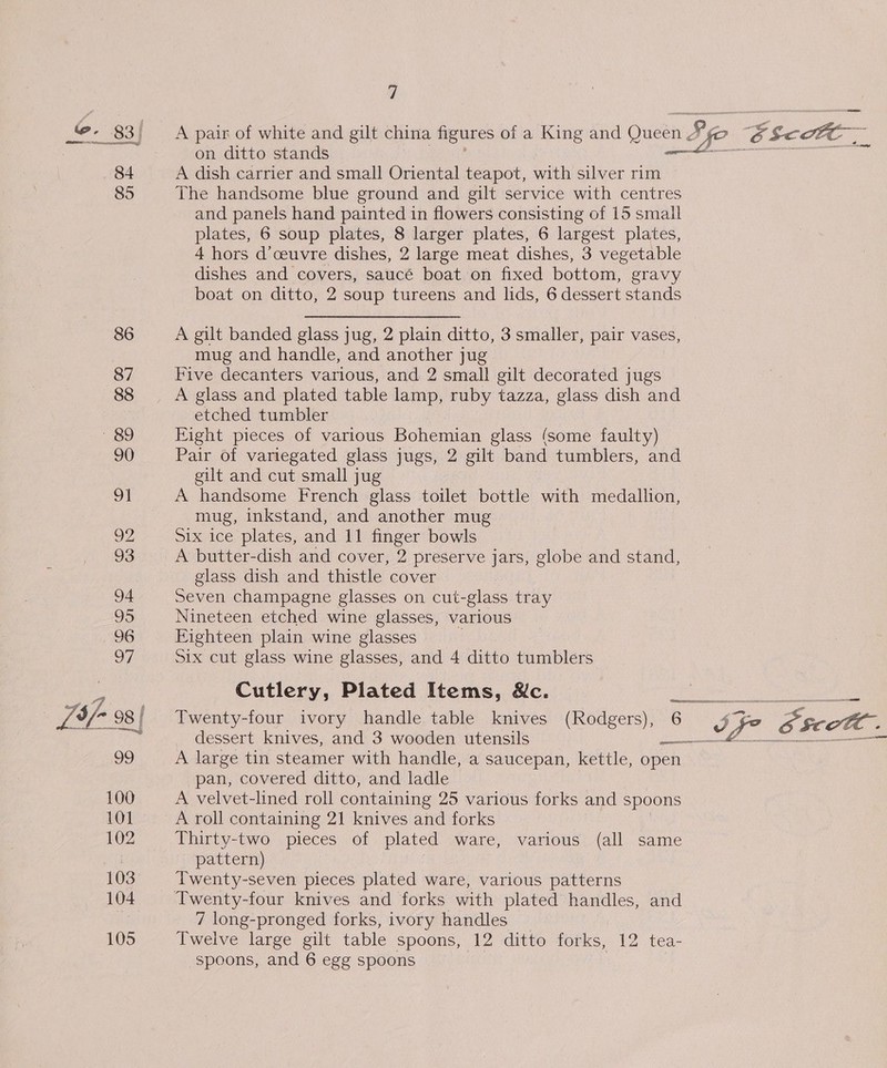 _@; 83} A pair of white and gilt china figures of a King and Queen 2 Po eo $Sco%C on ditto stands Sepee BRE 84 A dish carrier and small Oriental teapot, with silver rim 85 The handsome blue ground and gilt service with centres and panels hand painted in flowers consisting of 15 small plates, 6 soup plates, 8 larger plates, 6 largest plates, 4 hors d’ceuvre dishes, 2 large meat dishes, 3 vegetable dishes and covers, saucé boat on fixed bottom, gravy boat on ditto, 2 soup tureens and lids, 6 dessert stands 86 A gilt banded glass jug, 2 plain ditto, 3 smaller, pair vases, mug and handle, and another jug 87 Five decanters various, and 2 small gilt decorated jugs 88 A glass and plated table lamp, ruby tazza, glass dish and etched tumbler $9 Eight pieces of various Bohemian glass (some faulty) 90 Pair of variegated glass jugs, 2 gilt band tumblers, and gilt and cut small jug 9] A handsome French glass toilet bottle with medallion, mug, inkstand, and another mug 92 Six ice plates, and 11 finger bowls 93 A butter-dish and cover, 2 preserve jars, globe and stand, glass dish and thistle cover 94 Seven champagne glasses on cut-glass tray 95 Nineteen etched wine glasses, various 96 pes plain wine glasses De Six cut glass wine glasses, and 4 ditto tumblers Cutlery, Plated Items, &amp;c. Ben, re 5/- 98 Twenty-four ivory handle table knives (Rodgers), 6 ‘J ipo scot. dessert knives, and 3 wooden utensils _ — 99 A large tin steamer with handle, a saucepan, kettle, open pan, covered ditto, and ladle 100 A velvet-lined roll containing 25 various forks and spoons 101 A roll containing 21 knives and forks 102 Thirty-two pieces of plated ware, various (all same pattern) 103 Twenty-seven pieces plated ware, various patterns 104 Twenty-four knives and forks with plated handles, and 7 long-pronged forks, ivory handles 105 Twelve large gilt table spoons, 12 ditto forks, 12 tea- spoons, and 6 egg spoons