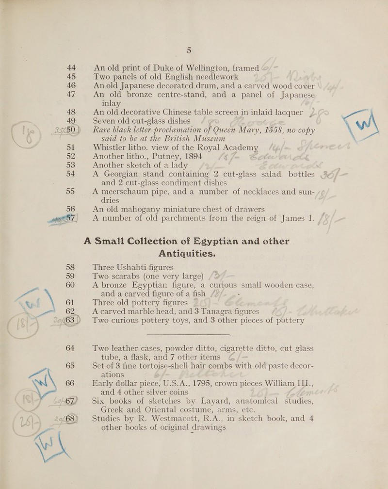  An old print of Duke of Wellington, framed Two panels of old English needlework An old Japanese decorated drum, and a carved wood cover An old bronze centre-stand, and a panel of Japanese inlay An old decorative Chinese table screen in inlaid lacquer , Seven old cut-glass dishes Rare black letter proclamation of Queen Mary, 1958, no copy said to be at the British Museum Whistler litho. view of the Royal igs: Another litho., Putney, 1894 as Another sketch of a lady A Georgian stand containing 2 cut-glass salad bottles and 2 cut-glass condiment dishes A meerschaum pipe, and a number of necklaces and sun- dries An old mahogany miniature chest of drawers A number of old parchments from the reign of James I. Antiquities. Three Ushabti figures Two scarabs (one very large) A bronze Egyptian figure, a curious small wooden case, and a carved figure of a fish Three old pottery figures ~ A carved marble head, and 3 Tanagra figures Two curious pottery toys, and 3 other pieces of pottery Two leather cases, powder ditto, cigarette ditto, cut glass tube, a flask, and 7 other items @ Set of 3 fine tortoise-shell hair combs with old paste decor- ations Early dollar picce, ie S.A., 1795, crown pieces William ILL., and 4 other silver coins Six books of sketches by Layard, anatomical studies, Greek and Oriental costume, arms, etc. Studies by R. Westmacott, R.A., in sketch book, and 4 other books of original drawings “i