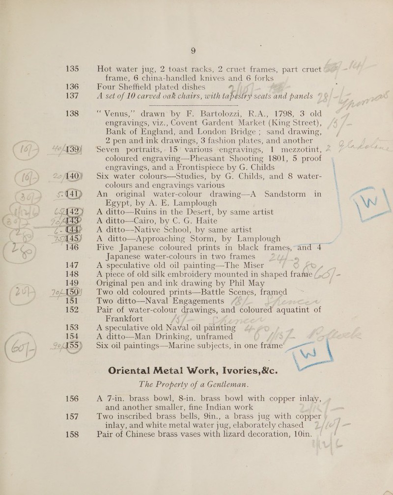 * “I . . . 136 137  156 157 158 9 Hot water jug, 2 toast racks, 2 cruet frames, part cruet frame, 6 china-handled knives and 6 forks Four Sheffield plated dishes 4, A set of 10 carved vak chairs, with tapestry seats af panels *  © Venus,’ drawal ‘by 1. Bartolozzi, RAL, 1798, 3° old engravings, viz., Covent Gardent Market (King Street), Bank of England, and London Bridge ; sand drawing, 2 pen and ink drawings, 3 fashion plates, and another coloured engraving—Pheasant Shooting 1801, 5 proof engravings, and a Frontispiece by G. Childs Six water colours—Studies, by G. Childs, and 8 water- colours and engravings various An original water-colour drawing—A aE in Egypt, by A. E. Lamplough A ditto—Ruins in the Desert, by same artist A ditto—Cairo, by C. G. Haite A ditto—Native School, by same artist A ditto—Approaching Storm, by Lamplough Japanese water-colours in two frames A speculative old oil painting—The Miser Original pen and ink drawing by Phil May Two old coloured prints—Battle Scenes, framed Two ditto—Naval Engagements Pair of water-colour drawings, and coloured aquatint 2 Frankfort | A speculative old Naval oil painting A ditto—Man Drinking, unframed Oriental Metal Work, Ivories, Rl. The Property of a Gentleman. A 7-in. brass bowl, 8-in. brass bowl with copper inlay, and another smaller, fine Indian work Two inscribed brass bells, 9in., a brass jug with copper inlay, and white metal water jug, elaborately chased |