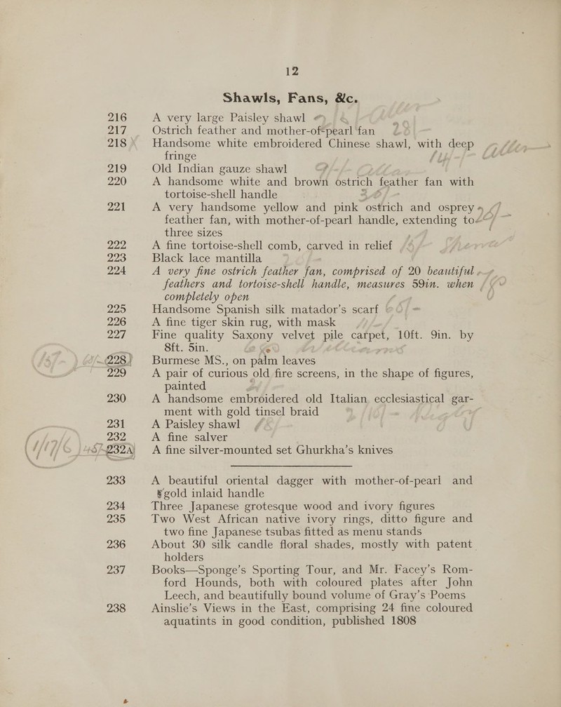 216 217 218 219 220 221 222 223 224 225 226 227 Vf 228) 929 230 231 232 233 234 235 236 237 238 12 Shawls, Fans, Wc. A very large Paisley shawl #)_ « Ostrich feather and mother-of- “pearl fan fringe Old Indian gauze shawl | A handsome white and brown ostrich icather fan with tortoise-shell handle feather fan, with mother-of-pearl handle, extending to three sizes , A fine tortoise-shell comb, carved in relief | © Black lace mantilla A very fine ostrich feather fan, comprised of 20 beautiful , feathers and tortotse-shell handle, measures 59in. when completely open Handsome Spanish silk matador’s scarf © A fine tiger skin rug, with mask Fine quality Saxony velvet ee carpet, LOH. Sin, by 8ft. 5in. Burmese MS., on Bis leaves A pair of curious old fire screens, in the shape of figures, painted A handsome embroidered old Italian ecclesiastical gar- ment with gold tinsel braid , A Paisley shawl A fine salver A fine silver-mounted set Ghurkha’s knives A beautiful oriental dagger with mother-of-pearl and ® gold inlaid handle Three Japanese grotesque wood and ivory figures Two West African native ivory rings, ditto figure and two fine Japanese tsubas fitted as menu stands About 30 silk candle floral shades, mostly with patent holders Books—Sponge’s Sporting Tour, and Mr. Facey’s Rom- ford Hounds, both with coloured plates after John Leech, and beautifully bound volume of Gray’s Poems Ainslie’s Views in the East, comprising 24 fine coloured aquatints in good condition, published 1808