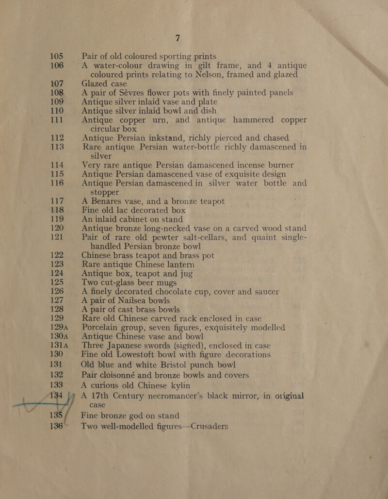 Pair of old coloured sporting prints A water-colour drawing in gilt frame, and 4 antique coloured prints relating to Nelson, framed and glazed Glazed case A pair of Sévres flower pots with finely painted panels Antique silver inlaid vase and plate Antique silver inlaid bowl and dish Antique copper urn, and antique hammered copper circular box Antique Persian inkstand, richly pierced and chased Rare antique Persian water-bottle richly damascened in silver Very rare antique Persian damascened incense burner Antique Persian damascened vase of exquisite design Antique Persian damascened in silver water bottle and stopper A Benares vase, and a bronze teapot Fine old lac decorated box An inlaid cabinet on stand Antique bronze long-necked vase on a carved wood stand Pair of rare old pewter salt-cellars, and quaint single- handled Persian bronze bowl Chinese brass teapot and brass pot Rare antique Chinese lantern Antique box, teapot and jug Two cut-glass beer mugs A finely decorated chocolate cup, cover and saucer A pair of Nailsea bowls A pair of cast brass bowls Rare old Chinese carved rack enclosed in case Porcelain group, seven figures, exquisitely modelled Antique Chinese vase and bowl Three Japanese swords (signed), enclosed in case Fine old Lowestoft bowl with figure decorations Old blue and white Bristol punch bowl Pair cloisonné and bronze bowls and covers A curious old Chinese kylin case Fine bronze god on stand Two well-modelled figures——Crusaders
