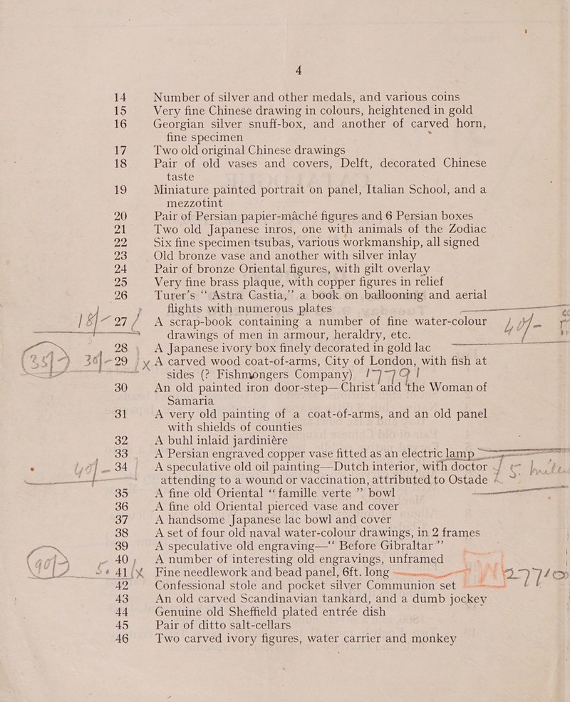14 15 16 Wy 18 19 20 21 22 24 25 26 Pe 30]-29 / x 30 _Searly 4 Number of silver and other medals, and various coins Very fine Chinese drawing in colours, heightened in gold Georgian silver snuff-box, and another of carved horn, fine specimen Two old original Chinese drawings Pair of old vases and covers, Delft, decorated Chinese taste Miniature painted portrait on panel, Italian School, and a mezzotint Pair of Persian papier-maché figures and 6 Persian boxes Two old Japanese inros, one with animals of the Zodiac Six fine specimen tsubas, various workmanship, all signed Old bronze vase and another with silver inlay Pair of bronze Oriental figures, with gilt overlay Very fine brass plaque, with copper figures in relief Turer’s “‘ Astra Castia,’’ a book on ballooning and aerial flights with numerous plates $F A scrap-book containing a number of fine water-colour / Mo fF drawings of men in armour, heraldry, etc. ze » A Japanese ivory box finely decorated in gold lac A carved wood coat-of-arms, City of London, with fish at sides (? Fishmongers Company) / 19 l An old painted iron door-step—Christ and the Woman of Samaria A very old painting of a coat-of-arms, and an old panel with shields of counties A buhl inlaid jardiniére A Persian engraved copper vase fitted as an electric lamp ——j==== A speculative old oil painting—Dutch interior, with doctor ./ ¢= Ins attending to a wound or vaccination, attributed to Ostade — ~~ A fine old Oriental ‘‘ famille verte ”’ A fine old Oriental pierced vase and cover A handsome Japanese lac bowl and cover A set of four old naval water-colour drawings, in 2 frames A speculative old engraving—‘‘ Before Gibraltar ”’ A number of interesting old engravings, unframed Fine needlework and bead panel, G£t. LOM g wwe ee fo 7 / oy Confessional stole and pocket silver Communion set ~---— An old carved Scandinavian tankard, and a dumb cue Genuine old Sheffield plated entrée dish Pair of ditto salt-cellars Two carved ivory figures, water carrier and monkey aes  ae bowl OT