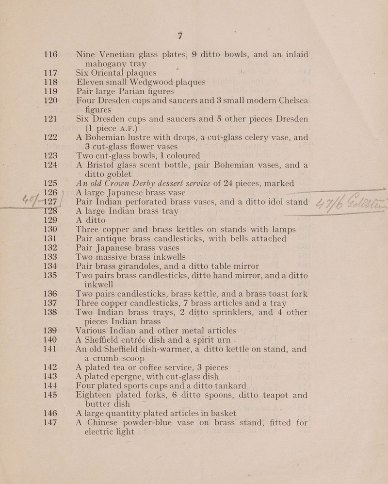 116 117 118 L£9 122 123 124 125 129 130 131 132 133 134 135 136 137 138 139 140 141 142 143 145 146 147 7 Nine Venetian glass plates, 9 ditto bowls, and an inlaid mahogany tray Six Oriental plaques Eleven small Wedgwood plaques Pair large Parian figures Four Dresden cups and saucers and 3 small modern Chelsea figures Six Dresden cups and. saucers and 5 other pieces Dresden (1 piece A-F.) A Bohemian lustre with drops, a cut- eee ely vase, and 3 cut-glass flower vases A Bristol glass scent bottle, pair Bohemian vases, and a ditto goblet An old Crown Derby dessert service of 24 pieces, Ce A large Japanese brass vase A large Indian brass tray A ditto Three copper and brass kettles on stands with lamps Pair antique brass candlesticks, with bells attached Pair Japanese brass vases Two massive brass inkwells Pair brass girandoles, and a ditto table mirror Two pairs brass candlesticks, ditto hand mirror, and a ditto inkwell Two pairs candlesticks, brass kettle, and a brass toast fork Three copper candlesticks, 7 brass articles and a tray Two Indian brass trays, 2 ditto sprinklers, and 4 other pieces Indian brass Various Indian and other metal articles A Sheffield entrée dish and a spirit urn An old Sheffield dish-warmer, a ditto kettle on stand, and a crumb scoop A plated tea or coffee service, 3 pieces A plated epergne, with cut-glass dish Four plated sports cups and a ditto tankard ~ Eighteen plated forks, 6 ditto spoons, ditto teapot and butter dish A large quantity plated articles in basket | A Chinese powder-blue vase on brass stand, fitted for electric ight