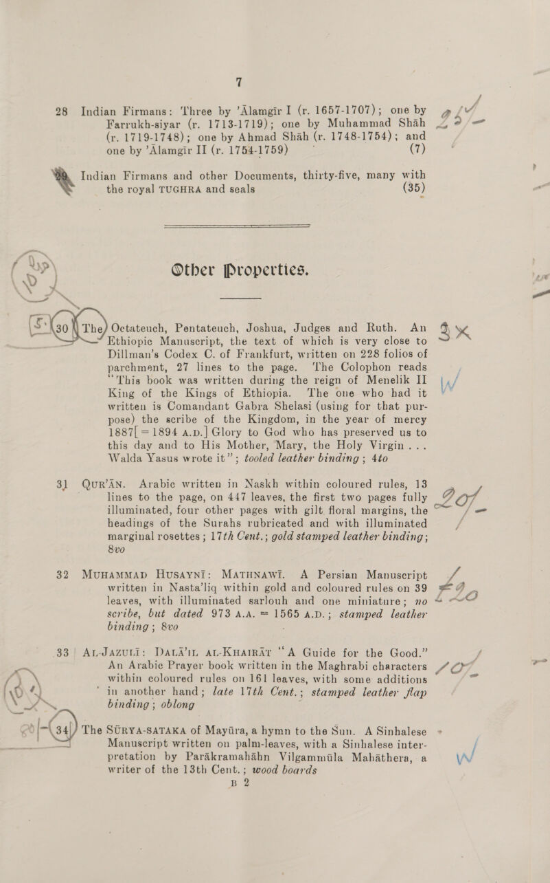 98 Indian Firmans: Three by ’Alamgir I (r. 1657-1707); one by Farrukh-siyar (r. 1713-1719); one by Muhammad Shah (r, 1719-1748); one by Ahmad Shah (r. 1748-1754); and one by ‘Rauveit II (r. 1754-1759) . (7) Indian Firmans and other Documents, thirty-five, many with the royal TUGHRA and seals (35)  f Xp : Other Properties. eee ~ my (S. EGO n. Octateuch, Pentateuch, Joshua, Judges and Ruth. An << Ethiopic Manuscript, the text of which is very close to Dillman’s Codex C. of Frankfurt, written on 228 folios of parchment, 27 lines to the page. ‘The Colophon reads “This book was written during the reign of Menelik II King of the Kings of Ethiopia. The one who had it written is Comandant Gabra Shelasi (using for that pur- pose) the scribe of the Kingdom, in the year of mercy 1887[ =1894 a.p.] Glory to God who has preserved us to this day and to His Mother, Mary, the Holy Virgin . Walda Yasus wrote it”; tooled leather binding ; 4to 31 Qur’AN. Arabic written in Naskh within coloured rules, 13 lines to the page, on 447 leaves, the first two pages fully illuminated, four other pages with gilt floral margins, the headings oe the Surahs rubricated and with illuminated marginal rosettes ; 17th Cent.; gold stamped leather binding ; 8vo 32 MuHAMMAD HusAyni: MATHNAWI. A Persian Manuscript written in Nasta’liq within gold and coloured rules on 39 leaves, with illuminated sarlouh and one miniature; no scribe, but dated 973 A.A. = 1565 a.D.; stamped leather binding - 8vo 33 | A-JAZULI: DALA’IL AL-KHAIRAT ‘A Guide for the Good.” An Arabie Prayer book written in the Maghrabi characters = Be within coloured rules on 161 leaves, with some additions (\0 4) ‘in another hand; late 17th Cent. ; stamped leather flap ow binding ; oblong a 4 <0) Hf 34|/ The SURYA-SATAKA of Mayiira, a hymn to the Sun. A Sinhalese Manuscript written on palm-leaves, with a Sinhalese inter- pretation by Parakramahahn Vilgammila Mahathera,. a writer of the 13th Cent.; wood boards B® w