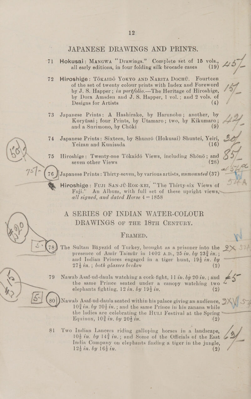 71 72 16 a = / f 8]  12 JAPANESE DRAWINGS AND PRINTS. Hokusai: Mancwa © Drawings.” all early editions, in four folding silk brocade cases Complete set of 15 vols., (19) Hiroshige: TOxarpO Yokyo AND Narita Docuv. Fourteen of the set of twenty colour prints with Index and Foreword by J. S. Happer; zn portfolio.—The Heritage of Hiroshige, by Dora Amsden and J. 8S. Happer, 1 vol.; and 2 vols. of Designs for Artists (4) Japanese Prints: A Hashirake, by Harunobu; another, by 4 &amp; y Koryisai; four Prints, by Utamaro; two, by Kikumaro; «<< and a Surimono, by Choki (9) * See we 4 MEL. ¥ Mt Japanese Prints: Sixteen, by Shunroé (Hokusai) Shuntei, Yeiri, bof, Yeizan and Kunisada (16) ws, Hiroshige: Twenty-one Tokaidé Views, including Shond; and af seven other Views (28) pie) Xe ) Tj BF : 7d Hiroshige: Fusr SAn-st0-Rox-xKu, ‘The Thirty-six Views of — Fuji.” An Album, with full set of these upright views ~——— all signed, and ae Horse 4=1858 A SERIES OF INDIAN WATER-COLOUR DRAWINGS oF THE 18TH CENTURY. FRAMED. ye The Sultan Bayezid of Turkey, brought as a prisoner into the 2x presence of Amir Taimtir in 1402 a.p., 252n. by 234 in. : and Indian Princes engaged in a Heat hunt, 193 in. by = 274 in. ; both glasses broken (2) the same Prince seated under a canopy watching two elephants fighting, 1272. by 194 tn. (2) Nawab Asaf-ud-daula seated within his palace giving an audience, IX v4 10gin. by 2042n.; and the same Prince in his zanana while > the ladies are celebrating the Hunt Festival at the Spring —__— Equinox, 10£7in. by 204 in. (2) ‘T'wo Indian Lancers riding galloping horses in a -Jnatisoanes a/ 103 in. by 14% in.; and Some of the Officials of the East @ Lidia Company on elep hants finding a tiger in the jungle, Fd a7 124 in. by 164 tn. (2) 4