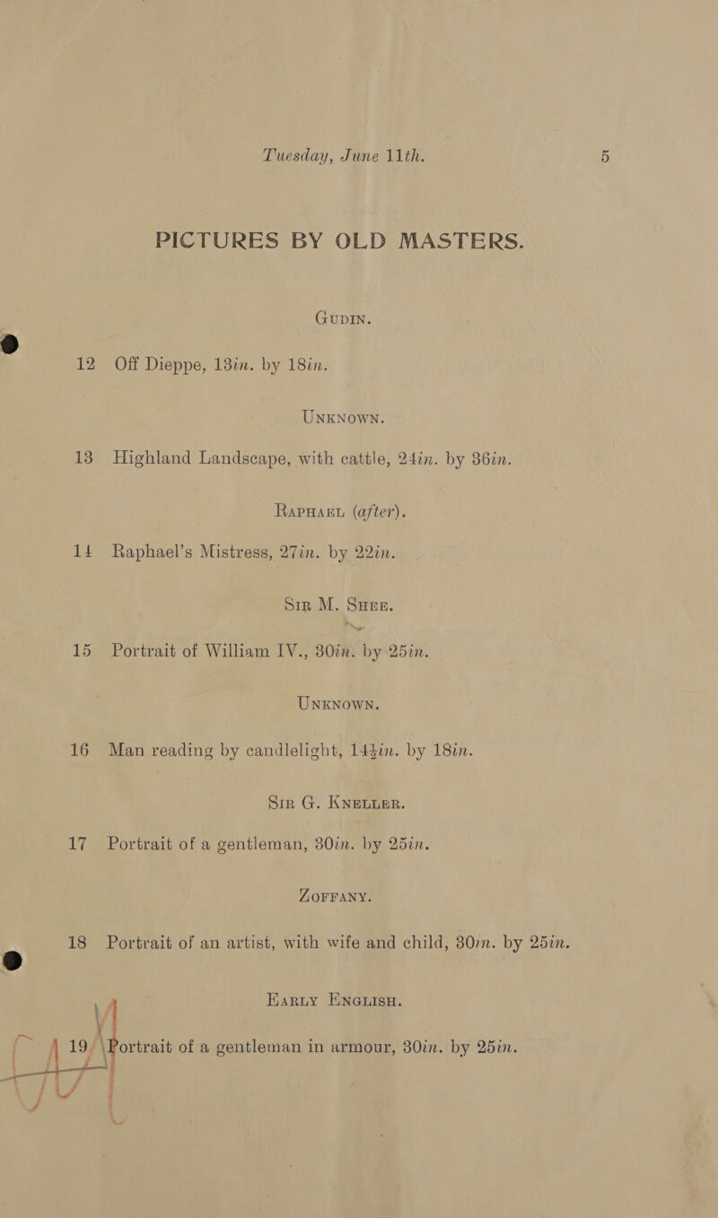 PICTURES BY OLD MASTERS. GUDIN. 12 Off Dieppe, 13in. by 18in. UNKNowN. 13 Highland Landscape, with cattle, 24in. by 86in. RAPHAEL (after). 1£ Raphael’s Mistress, 27in. by 22in. Siz M. Sues. 15 Portrait of William IV., Sas 251. UNKNowN. 16 Man reading by candlelight, 14gin. by 18in. Sir G. Knevurr. 17 Portrait of a gentleman, 380i. by 25z%n. YZoOrFANY. 18 Portrait of an artist, with wife and child, 380i. by 25in. oly Haruy ENGLISH. {ae } 19. \ Portrait of a gentleman in armour, 380in. by 25im.  é iy