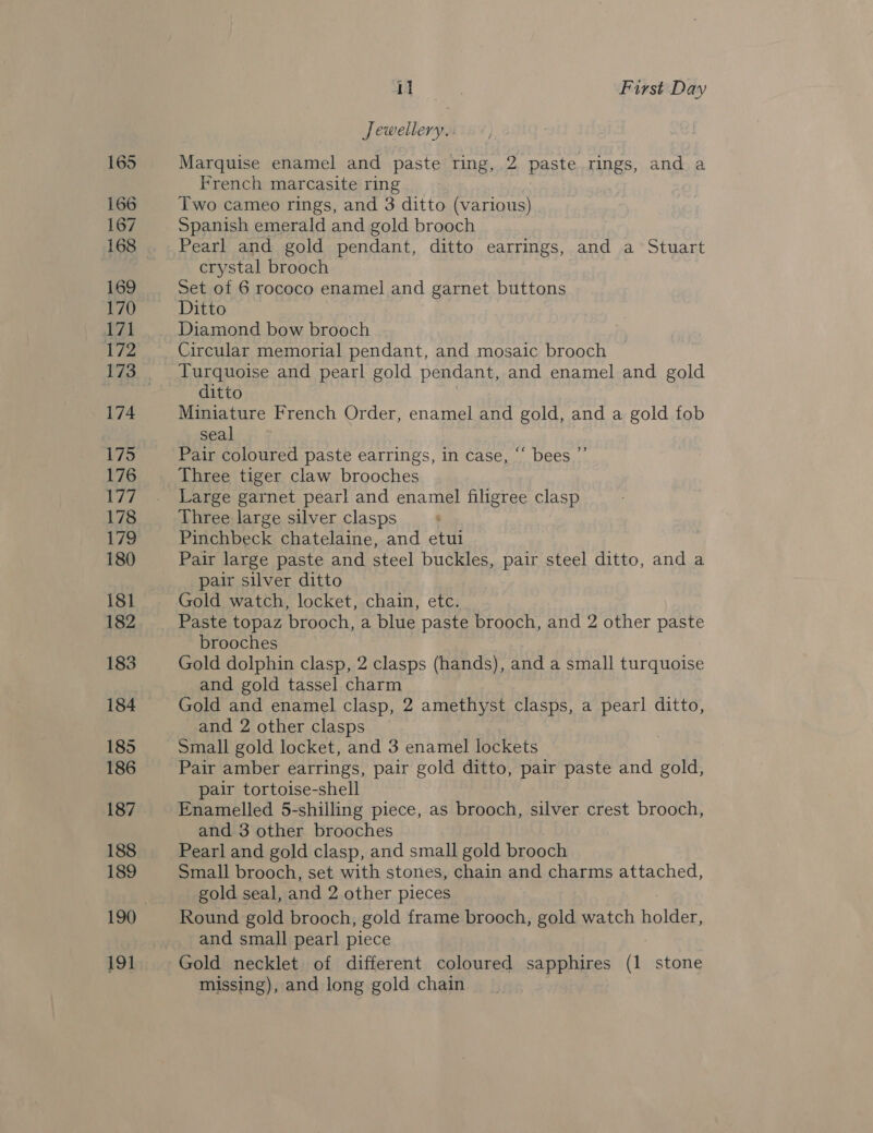 165 166 167 169 170 bf 172 174 175 176 Mae 178 179 180 181 182 183 184 185 186 187 188 189 190 191 i] First Day Jewellery.: Marquise enamel and paste ring, 2 paste rings, and a French marcasite ring Two cameo rings, and 3 ditto (various) Spanish emerald and gold brooch Pearl and gold pendant, ditto earrings, and a Stuart crystal brooch Set of 6 rococo enamel and garnet buttons Ditto Diamond bow brooch Circular memorial pendant, and mosaic brooch Turquoise and pearl gold pendant, and enamel and gold ditto Miniature French Order, enamel and gold, and a gold fob seal Pair coloured paste earrings, in case, “‘ bees Three tiger claw brooches Large garnet pearl and enamel filigree clasp Three large silver clasps Pinchbeck chatelaine, and etul Pair large paste and steel buckles, pair steel ditto, and a pair silver ditto Gold watch, locket, chain, etc. &gt;? brooches Gold dolphin clasp, 2 clasps (hands), and a small turquoise and gold tassel charm Gold and enamel clasp, 2 amethyst clasps, a pearl ditto, and 2 other clasps Small gold locket, and 3 enamel lockets Pair amber earrings, pair gold ditto, pair paste and gold, pair tortoise-shell Enamelled 5-shilling piece, as brooch, silver crest brooch, and 3 other. brooches Pearl and gold clasp, and small gold brooch Small brooch, set with stones, chain and charms attached, gold seal, and 2 other pieces Round gold brooch, gold frame brooch, gold watch falter. and small pearl piece missing), and long gold chain