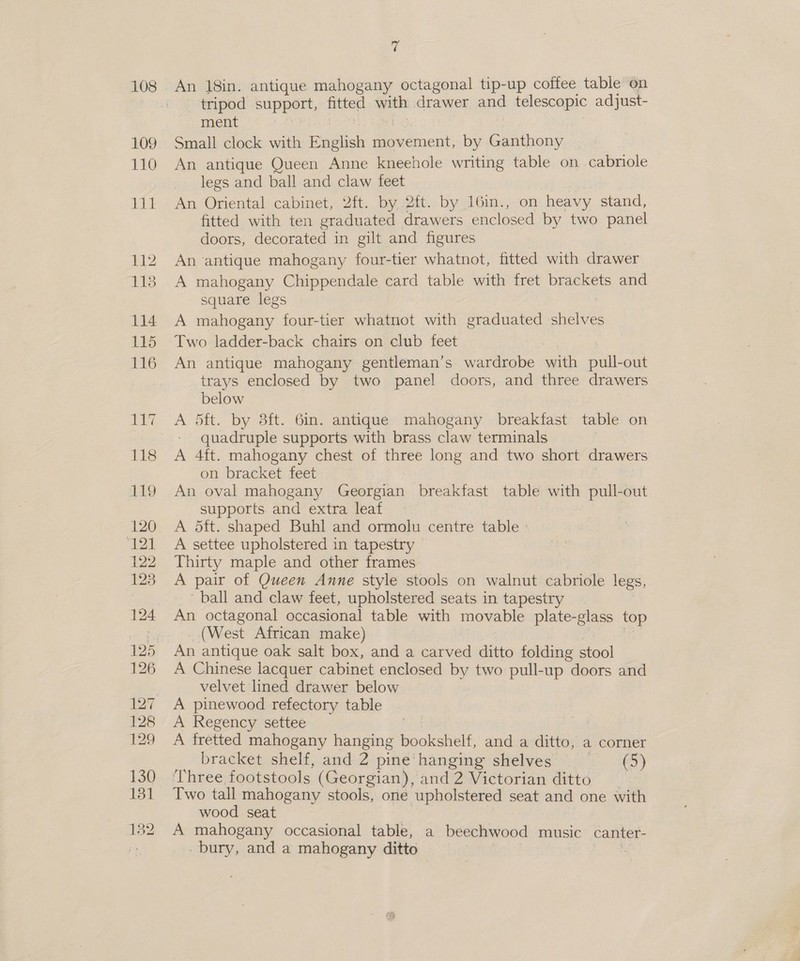 v tripod Pup fined : oa drawer anid telescopic adjust- ment Small clock with Feelich mov nn by ae An antique Queen Anne kneehole writing table on cabriole legs and ball and claw feet An Oriental cabinet, 2ft. by 2ft. by 16in., on heavy stand, fitted with ten graduated | drawers enclosed by two panel doors, decorated in gilt and figures An ‘antique mahogany four-tier whatnot, fitted with drawer A mahogany Chippendale card table with fret brackets and square legs A mahogany four-tier whatnot with graduated nea Two ladder-back chairs on club feet An antique mahogany gentleman’s. wardrobe with Ae -out trays enclosed by two panel doors, and three drawers below A 5dft. by 8ft. 6in. antique mahogany breakfast table on quadruple supports with brass claw terminals A 4ft. mahogany chest of three long and two short drawers on bracket feet An oval mahogany Georgian breakfast table with Poul out supports and extra leaf A 5ft. shaped Buhl and ormolu centre table ° A settee upholstered in tapestry © Thirty maple and other frames A pair of Queen Anne style stools on walnut cabriole legs, ball and claw feet, upholstered seats in tapestry (West African make) A Chinese lacquer cabinet enclosed by two pull-up doors and velvet lined drawer below A pinewood refectory table A Regency settee | A fretted mahogany hanging bookshelf, and a ditto, a corner bracket shelf, and 2 pine hanging shelves a ie) ‘Three footstools (Georgian), and 2 Victorian ditto Two tall mahogany stools, one upholstered seat and one with wood seat A mahogany occasional table, a beechwood music canter- _ bury, and a mahogany ditto