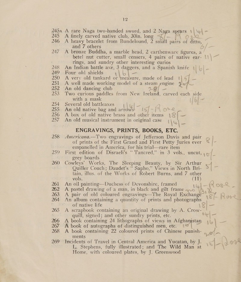 245 249 250 251 252 258 254 296 257 2 fol and 7 others af - A bronze Buddha, a marble head, 2 earthenware figures, a — rings, and sundry other interesting curios An Indian battle axe, Wis pes and a Spanish knife 4} |) — Four old shields ‘ iy — os A very old tankard or DSH © made of lead {| a - :. Two curious paddles from New Ireland, carved cach side with a mask lo} meveral old battleaxes S- Pig bin An old native bag and arrdws' is] -]% o&gt; es. A box of old native brass and other ec Lx} — a] ENGRAVINGS, PRINTS, BOOKS, ETC. of prints of the First Grand and First Petty Juries ever empanelled in America, for his trial—rare item First edition of Disraeli’s ‘“Taticned,” “im 93 vels,, ~unctit, ; grey boards Cowleys’ Works, The Sleeping Beauty, by Sir Arthur — Quiller Couch; Daudet’s “ Sapho,’ Views in North Bri- tain, illus. of the Works of Robert Burns, and 7 other vols. (11) An oil painting—Duchess of Devonshire, framed eri—(% og | A pastel drawing of a man, in black and gilt frame « a, of native life quill, signed; and other sundry prints, etc. A book containing 24 lithographs of views in Afghanistan ments L,. Stephens, fully illustrated; and The Wild Man at Home, with coloured plates, by J. Greenwood