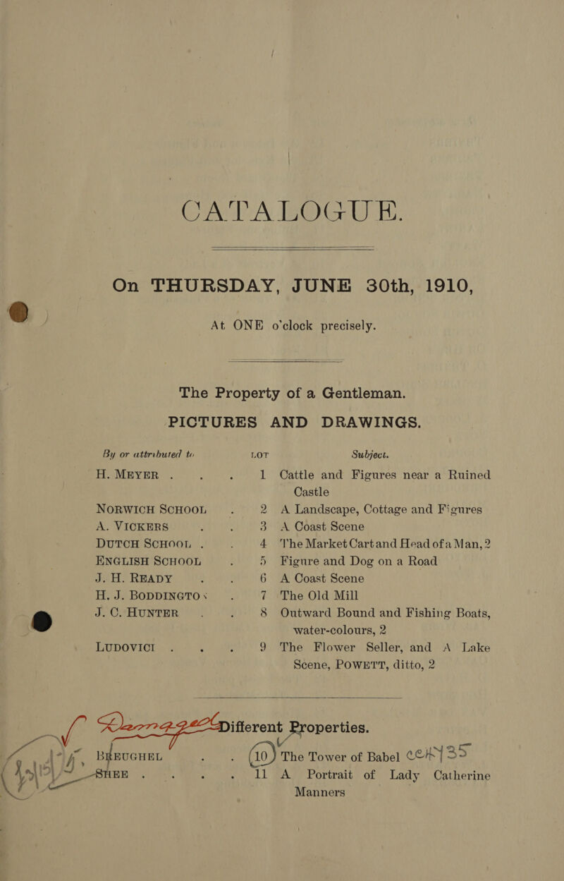    By or attributed to LOT Subject. H. MEYER 1 Cattle and Figures near a Ruined Castle NORWICH SCHOOL 2 &lt;A Landscape, Cottage and Figures A. VICKERS 3 A Coast Scene DUTCH SCHOOL . 4 he Market Cart and Head ofa Man, 2 ENGLISH SCHOOL 5 Figure and Dog on a Road J. H. READY 6 &lt;A Coast Scene H. J. BODDINGTO x 7 The Old Mill ® J. C. HUNTER 8 Outward Bound and Fishing Boats, water-colours, 2 LUDOVICI 9 The Flower Seller, and A Lake Scene, POWETT, ditto, 2 ne eon: uierene eecner ise. _—_ / 9 “a te $ Go) The Tower of Babel cey a 11 A Portrait of Lady Catherine Manners