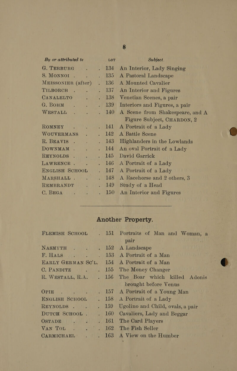  By or attributed te LOT Subject. G. TERBURG : . 134 An Interior, Lady Singing S. MONNOI . : . 1385 A Pastoral Landscape MEISSONIER (after) . 136 A Mounted Cavalier TILBORCH . ; . 137 An Interior and Figures CANALELTO : . 1388 Venetian Scenes, a pair G.BoHM . : . 139 Interiors and Figures, a pair WESTALL . . 140 A Scene from Shakespeare, and A ROMNEY . i . 141 A Portrait of a Lady WOUVERMANS . . 142 A Battle Scene R. BEAVIS . . 143 Highlanders in the Lowlands DOWNMAM . . . 144 An oval Portrait of a Lady REYNOLDS . : . 145 David Garrick LAWRENCE . : . 146 A Portrait of a Lady ENGLISH SCHOOL . 147 A Portrait of a Lady MARSHALL . ; . 148 A Racehorse and 2 others, 3 REMBRANDT . 149 Study of a Head C. BEGA : ; . 150 An Interior and Figures Another Property. FLEMISH SCHOOL . 151 Portraits of Man and Woman, a pair NASMYTH . { . 152 A Landscape F. HALS . 153 A Portrait of a Man KARLY GERMAN SOL. 154 A Portrait of a Man q C. PANDITZ : . 155 The Money Changer R. WESTALL, R.A. . 156 The Boar which killed Adonis brought before Venus OPIE . ; : . 157 A Portrait of a Young Man ENGLISH SCHOOL . 158 A Portrait of a Lady REYNOLDS . : . 159 Ugolino and Child, ovals, a pair DUTCH SCHOOL . . 160 Cavaliers, Lady and Beggar OSTADE ‘ : . 161 The Card Players VAN TOL. » |. 162 The Fish Seller CARMICHAEL . 163 A View on the Humber