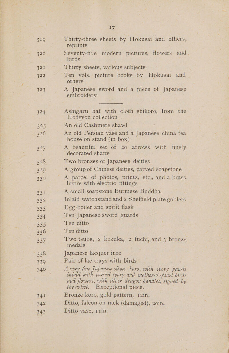 gag 320 321 322 324 325 326 327 328 329 322 331 332 333 334 335 336 337 338 339 341 342 343 17 Thirty-three sheets by Hokusai and others, reprints Seventy-five modern pictures, flowers and, birds Thirty sheets, various subjects Ten vols. picture books by Hokusai and others A Japanese sword and a piece of Japanese embroidery Ashigaru hat with cloth shikoro, from the Hodgson collection An old Cashmere shawl An old Persian vase and a Japanese china tea house on stand (in box) A beautiful set of 20 arrows with ee decorated shafts Two bronzes of Japanese deities A group of Chinese deities, carved soapstone A parcel of photos, prints, etc., and a brass lustre with electric fittings A small soapstone Burmese Buddha Inlaid watchstand and 2 Sheffield plate goblets Egg-boiler and spirit flask Ten Japanese sword guards Ten ditto | Ten ditto Two tsuba, 2 kozuka, 2 fuchi, and 3 bronze medals Japanese lacquer inro Pair of lac trays with birds A very fine Japanese silver koro, with wory panels inlaid with carved ivory and ater o'-peavl birds aud flowers, with silver dragon handles, signed by the artist. Exceptional piece. Bronze koro, gold pattern, 12in. Ditto, falcon on rack (damaged), 20in, Ditto vase, 11in,