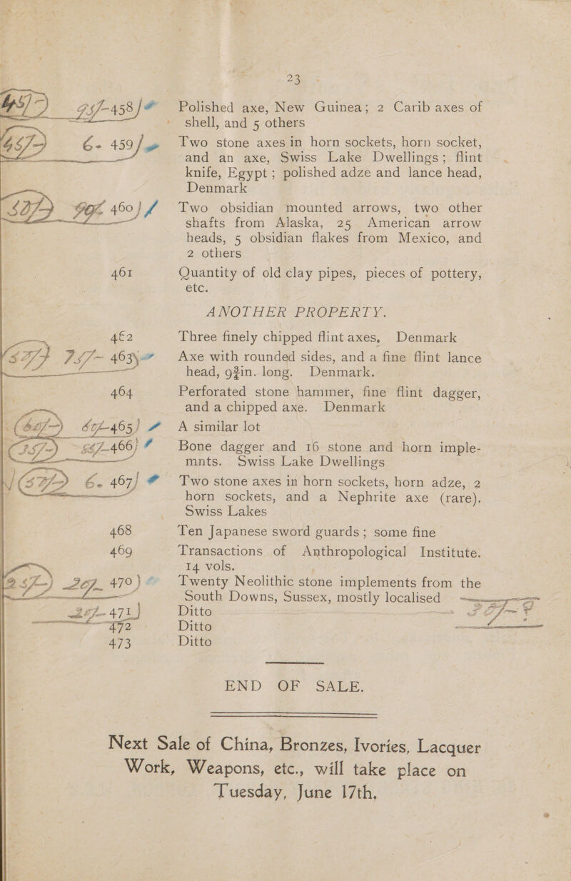 461 4E2  404  468 469 23 Polished axe, New Guinea; 2 Carib axes of | shell, and 5 others Two stone axes in horn sockets, horn socket, and an axe, Swiss Lake Dwellings; flint knife, Egypt; polished adze and lance head, Denmark Two obsidian mounted arrows, two other shafts from Alaska, 25 American arrow heads, 5 obsidian flakes from Mexico, and 2 others ? Quantity of old clay pipes, pieces of pottery, etc. : ANOlLHER PROPERTY. Three finely chipped flint axes, Denmark Axe with rounded sides, and a fine flint lance head, g$in. long. Denmark. Perforated stone hammer, fine flint dagger, and a chipped axe. Denmark A similar lot , 3 Bone dagger and 16 stone and horn imple- mnts. Swiss Lake Dwellings Two stone axes in horn sockets, horn adze, 2 horn sockets, and a Nephrite axe (rare). Swiss Lakes Ten Japanese sword guards; some fine Transactions of Anthropological Institute. 14 vols. Twenty Neolithic stone implements from the South Downs, Sussex, mostly localised = ~-----—-y- === Ditto . SA7~# Ditto Pe a Ditto END @F SABE. ‘Tuesday, June 17th,