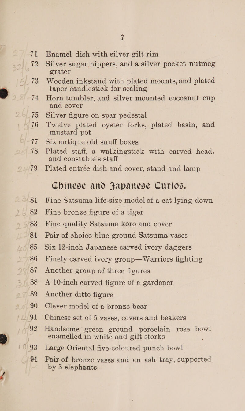 71 74 7d 7 78 79 Sl 82 84 89 86 87 88 89 90 94 7 Enamel dish with silver gilt rim Silver sugar nippers, and a silver pocket nutmeg grater Wooden inkstand with plated mounts, and plated taper candlestick for sealing Horn tumbler, and silver mounted cocoanut cup and cover Silver figure on spar pedestal Twelve plated oyster forks, plated basin, and mustard pot Six antique old snuff boxes Plated staff, a walkingstick with carved head, and constable’s staff Plated entrée dish and cover, stand and lamp Chinese and Japanese Curios. Fine Satsuma life-size model of a cat lying down Fine bronze figure of a tiger Fine quality Satsuma koro and cover Pair of choice blue ground Satsuma vases Six 12-inch Japanese carved ivory daggers Finely carved ivory group—Warriors fighting Another group of three figures A 10-inch carved figure of a gardener Another ditto figure Clever model of a bronze bear Chinese set of 5 vases, covers and beakers Handsome green ground porcelain rose bowl enamelled in white and gilt storks Large Oriental five-coloured punch bowl Pair of bronze vases and an ash tray, supported by 3 elephants