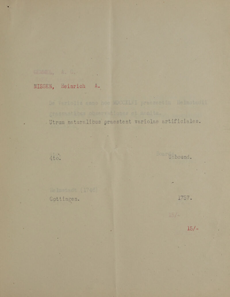       “Heinrich AL . . pe Ye: aA | 5 pick ge ym a i= ' de * \ 7 < Ye « ’ ie a7 sah ee ee ey, . s. : oi . . be Variolis an hoe MDCCXLVE praceertin lielbmstadii ot,  Py vx yi) ne € Naas ae \ >) gpegssan ntibus obs servidiones et monita. 5 at P Sor Fy eae - Utrom noturalibus prac stent variolae , artificiales.   ve”)
