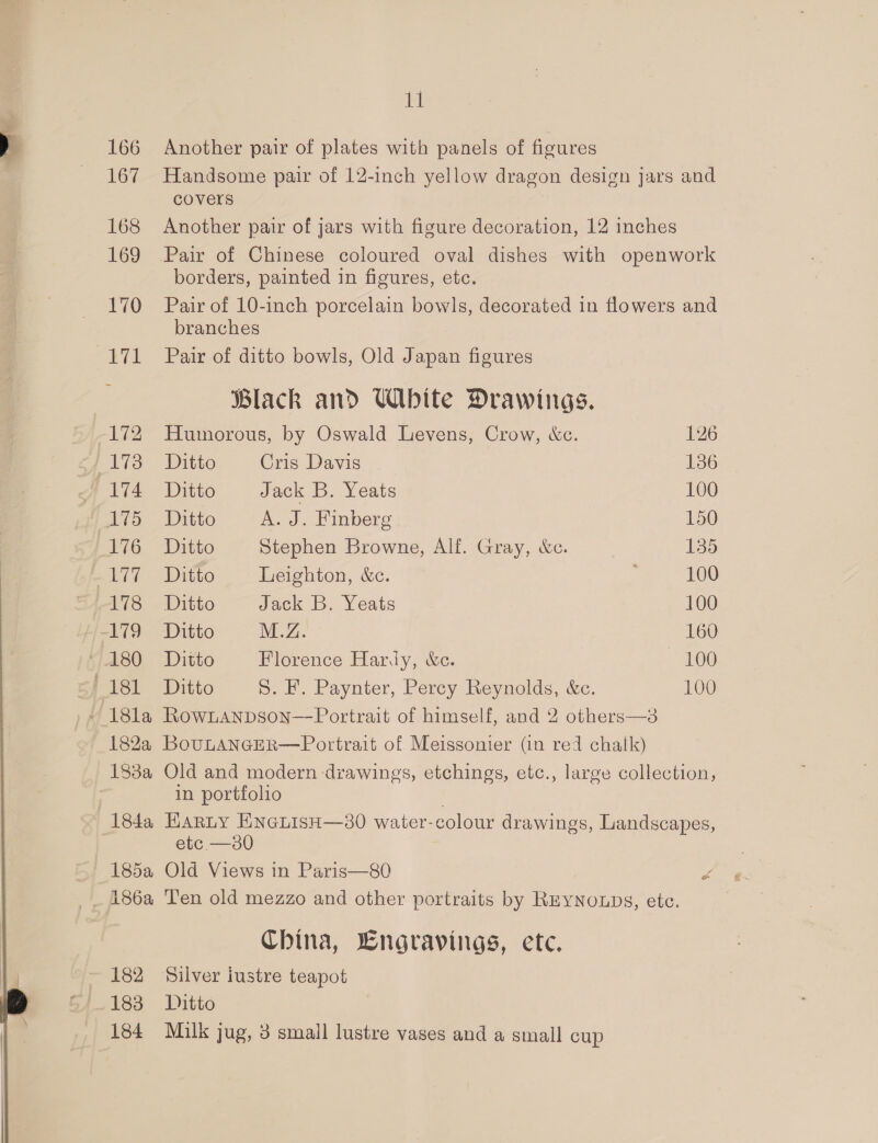 166 167 168 169 170 “sis 172 173 Bye 175 176 ul 178 -179 ' 181 jig Another pair of plates with panels of figures Handsome pair of 12-inch yellow dragon design jars and COVeLrs Another pair of jars with figure decoration, 12 inches Pair of Chinese coloured oval dishes with openwork borders, painted in figures, etc. Pair of 10-inch porcelain bowls, decorated in flowers and branches Pair of ditto bowls, Old Japan figures Black and White Drawings. Humorous, by Oswald Levens, Crow, &amp;c. 126 Ditto Cris Davis 136 Ditto Jack B. Yeats 100 Ditto A. J. Finberg 150 Ditto Stephen Browne, Alf. Gray, Wc. 135 Ditto Leighton, &amp;c. 100 Ditto Jack B. Yeats 100 Ditto M.Z. 160 Ditto Florence Hardy, &amp;c. 100 Ditto S. EF. Paynter, Percy Reynolds, &amp;c. 100 183a 184a 185a _A86a 182 183 184 Old and modern drawings, etchings, etc., large collection, in portfolio | HARLY ENGLISH—30 water-colour drawings, Landscapes, etc —30 Old Views in Paris—80 a Ten old mezzo and other portraits by REYNOLDS, etc. China, Lngravings, ete. Silver iustre teapot Ditto Milk jug, 3 small lustre vases and a small cup
