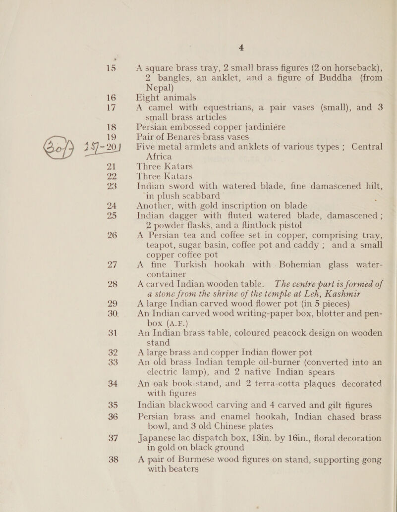 15 16 17 18 19 21 23 24 25 26 27 28 29 30. 31 32 33 34 35 36 37 38 4 A square brass tray, 2 small brass figures (2 on horseback), 2 bangles, an anklet, and a figure of Buddha (from Nepal) Fight animals A camel with equestrians, a pair vases (small), and 3 small brass articles Persian embossed copper jardiniére Pair of Benares brass vases Five metal armlets and anklets of various types ; Central Africa Three Katars Three Katars Indian sword with watered blade, fine damascened hilt, in plush scabbard Another, with gold inscription on blade Indian dagger with fluted watered blade, damascened ; 2 powder flasks, and a flintlock pistol A Persian tea and coffee set in copper, comprising tray, teapot, sugar basin, coffee pot and caddy ; anda small copper coffee pot A fine Turkish hookah with .Bohemian glass water- container | A carved Indian wooden table. The centre part 1s formed of a stone from the shrine of the temple at Leh, Kashmir A large Indian carved wood flower pot (in 5 pieces) An Indian carved wood writing-paper box, blotter and pen- box (A.F.) An Indian brass table, coloured peacock design on wooden stand A large brass and copper Indian flower pot An old brass Indian temple oil-burner (converted into an electric lamp), and 2 native Indian spears An oak book-stand, and 2 terra-cotta plaques decorated with figures Indian blackwood carving and 4 carved and gilt figures Persian brass and enamel hookah, Indian chased brass bowl, and 3 old Chinese plates Japanese lac dispatch box, 13in. by 16in., floral decoration in gold on black ground A pair of Burmese wood figures on stand, supporting gong with beaters