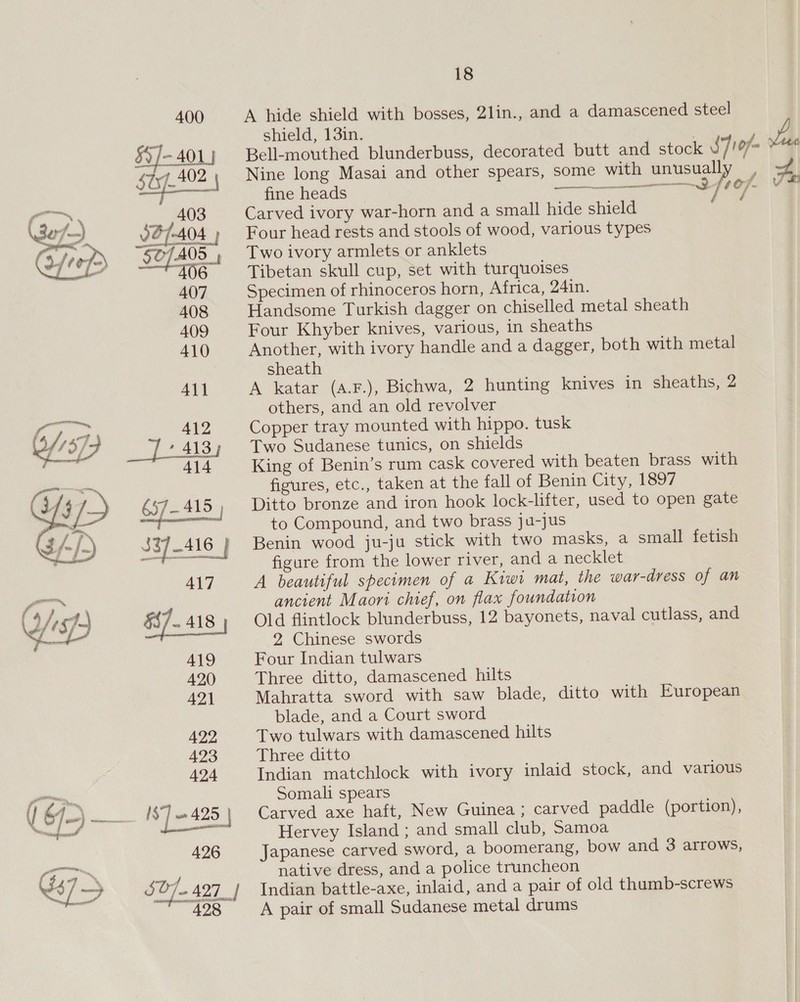  400 §$]-401 403 407 408 409 410 417 419 420 421 422 423 424 426 18 A hide shield with bosses, 2lin., and a damascened steel shield, 13in. Bell-mouthed blunderbuss, decorated butt and stock 57107 Nine long Masai and other spears, some with unusual ? fine heads ar ee a feof. Carved ivory war-horn and a small hide chic Four head rests and stools of wood, various types Two ivory armlets or anklets Specimen of rhinoceros horn, Africa, 24in. Handsome Turkish dagger on chiselled metal sheath Four Khyber knives, various, in sheaths Another, with ivory handle and a dagger, both with metal sheath A katar (A.F.), Bichwa, 2 hunting knives in sheaths, 2 others, and an old revolver Copper tray mounted with hippo. tusk Two Sudanese tunics, on shields King of Benin’s rum cask covered with beaten brass with figures, etc., taken at the fall of Benin City, 1897 Ditto bronze and iron hook lock-lifter, used to open gate to Compound, and two brass ju-jus Benin wood ju-ju stick with two masks, a small fetish figure from the lower river, and a necklet A beautiful specimen of a Kiwi mat, the war-dress of an ancient Maori chief, on flax foundation Old flintlock blunderbuss, 12 bayonets, naval cutlass, and 2 Chinese swords Four Indian tulwars Three ditto, damascened hilts Mahratta sword with saw blade, ditto with European blade, and a Court sword Two tulwars with damascened hilts Three ditto Indian matchlock with ivory inlaid stock, and various Somali spears Carved axe haft, New Guinea ; carved paddle (portion), Hervey Island ; and small club, Samoa Japanese carved sword, a boomerang, bow and 3 arrows, native dress, and a police truncheon Indian battle-axe, inlaid, and a pair of old thumb-screws A pair of small Sudanese metal drums