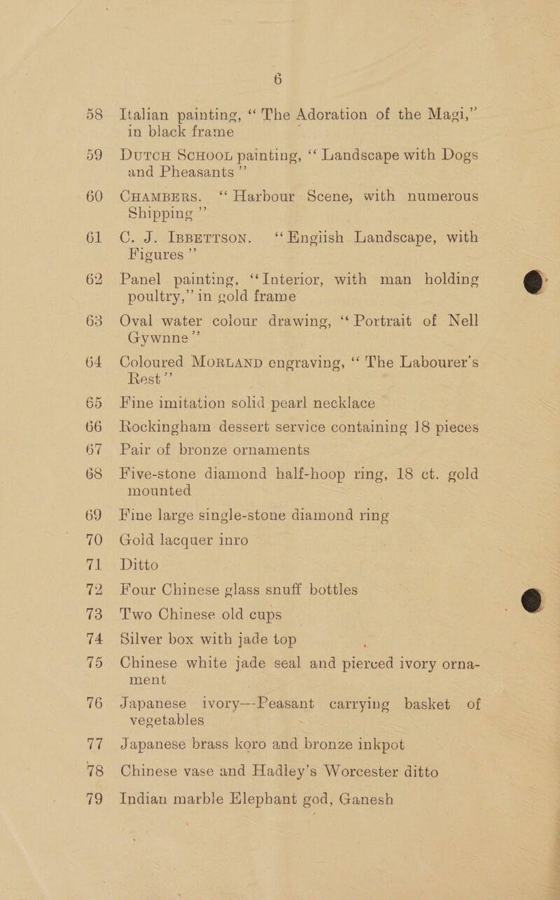 72 73 74. 15 16 pel 78 79 6 in black frame DutcH ScHoor painting, ‘‘ Landscape with Dogs and Pheasants ”’ CHAMBERS. ‘ Harbour Scene, with numerous Shipping ” C. J. Ippettson. ‘‘Engtish Landscape, with Figures ” , Panel. painting, ‘‘Interior, with man holding poultry,’ in gold frame  Oval water colour drawing, ‘“‘ Portrait of Nell Gywnne ” Coloured MoRuAND engraving, ‘‘ The Labourer’s Rest ”’ Fine imitation solid pearl necklace Rockingham dessert service containing 18 pieces Pair of bronze ornaments Five-stone diamond half-hoop ring, 18 ct. gold mounted Fine large single-stone diamond ring Gold lacquer inro Ditto Four Chinese glass snuff bottles e  Two Chinese old cups _ Silver box with jade top Chinese white jade seal and pierced ivory orna- ment Japanese ivory—-Peasant carrying basket of vegetables ~ Japanese brass koro and bronze inkpot Chinese vase and Hadley’s Worcester ditto Indian marble Elephant god, Ganesh