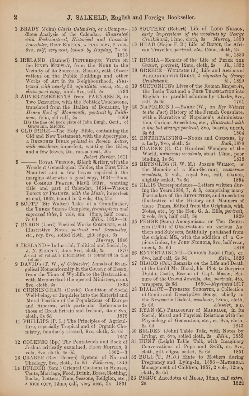 1 BRADY (John) Clavis Calendria, or a Compen- dious Analysis of the Calendar, ¢llustrated with Ecclesiastical, Historical and Classical Anecdotes, Bust EDITION, A FINE COPY, 2 vols, 8vo, calf, very neat, bound by Hayday, 7s 6d 1815 2 IRELAND (Samuel) PictuREsQuE VIEWS on the RivER Mrpway, from the Nore to the Vicinity of its Source in Sussex, with Obser- vations on the Public Buildings and other Works of Art in its Neighbourhood, dlus- trated with nearly 80 aquatinta views, etc., a clean good copy, impl. 8vo, calf, 9s 1793 38 ADVERTISEMENTS from PARNASSUS, in Two Centuries, with the Politick Touchstone, translated from the Italian of Boca.ini, by Henry Earl of Monmouth, portrait by Faith- orne, folio, old calf, 5s 1669 Has the fine old book plate of John Burgh, Gent., of Grays Inn, Middlx. 4 OLD BIBLE—The Holy Bible, containing the Old and New Testament, with the Apocrypha, a BREECHES BIBLE printed in Roman Letter, with woodcuts, imperfect, wanting the titles, and a few leaves, 4to, russia neat, 20s Robert Barker, 1611 Royat Version, %lack Letter, with the Woodcut Genealogical Tables, the First Title Mounted and a few leaves repaired in the margins otherwise a good copy, 1634—Boox or Common Prayer, bdlack letter, wanting title and part of Calendar, 1634—W HOLE BookE OF Psatns, with the Music, imperfect at end, 1632, bound in 2 vols, 4to, 21s 6 SCOTT ‘(Sir Walter) Tales of a Grandfather, the THREE SpRtEsS Complete, frontispieces and engraved titles, 9 vols, sm. 12mo, half roan, 7s 6d Edin., 1829—20 7 BYRON (Lord) Poetical Works CoMPLETE, with illustrative Notes, portrait and facsimiles, etc., roy. 8vo, soiled cloth, gilt edges, 6s Murray, 1846 8 IRELAND— Industrial, Political and Social, by J. N. Murpay, stout 8vo, cloth, 8s 1870 A deal of valuable information is contained in this volume. 9 DAVID’s (T. W., of Colchester) Annals of Evan- gelical Nonconformity in the County of Essex, from the Time of Wycliffe to the Restoration, with Memorirls of the ejected Ministers, stout 8vo, cloth, 3s 1863 10 CUNNINGHAM (David) Condition of Social Well-being,’or Inquiries into the Material and Moral Position of the Populations of Europe and America, with particular Reference to those of Great Britain and Ireland, stout 8vo, cloth, 3s 6d 1878 11 PHILLIPS (P. L.) The Principles of Agricul- ture, especially Tropical and of Organic Che- mistry, familiarly treated, 8vo, cloth, 2s 6d a. 1857 12 COLENSO (Bp.) The Pentateuch and Book of Joshua critically examined, First Epirion, 3 vols, 8vo, cloth, 4s 6d 1862—83 13 CRABBE (Rey. George) System of Natural Theology, 8vo, cloth, 1s 6d Pickering, 1840 14 BURDER (Sam.) Oriental Customs in Houses, Tents, Marriage, Food, Drink, Dress, Clothing, Books, Letters, Time, Seasons, Religion, etc., A NICE Copy, 12mo, calf, very neat, 8s 1831 5  early impressions of the woodcuts by George Cruikshank, 12mo, cloth, 8s Murray, 1830 HEAD (Major F. B.) Life of Brucz, the Afri- can Traveller, portrait, etc., 12mo, cloth, 2s ib., 1830 RUSSIA—Memoir of the Life of PatER THE Great, portrait, 12mo, cloth, 2s Jb., 1832 GREECE—WiItttiAms (J,) Life and Actions of 16 17 18 Cruikshank, 2b., 1829 SUETONIUS’s Lives of the Roman Emperors, English in parallel columns by Clarke, 8vo, calf, 2s 6d 1761 NAPOLEON I.—Barre (W., an Hye Witness bn * with a Narrative of Napoleon’s Administra- tion, Curious Anecdotes, etc., illustrated with a fine but strange portrait, 8vo, boards, uncut, 38 6d 1804 ENTERTAINING—Nookxs and Corners, by a Lady, 8vo, cloth. 2s Bath, 1878 CLARKE (C, C.) Hundred Wonders of the World, numerous woodcuts, stout 12mo, poor binding, 1s 6d 1818 REYNOLDS (G. W. M.) JosepH WILMoT, or the Memoirs of a Man-Servant, numerous woodcuts, 2 vols, royal 8vo, calf, SCARCE, slightly soiled, 7s 6d 1854 ELLIS Correspondence—Letters written dur- ing the Years 1686, 7, &amp; 8, comprising many Particulars of the RevoLution, and Anecdotes illustrative of the History and Manners of those Times, Edited from the Originals, with Notes, etc., by the Hon. G. A. Ellis, portrait, 2 vols, 8vo, half calf, 3s 1829 PEGGE (Sam.) Anonymiana: or Ten Centu- ries (1000) of Observations on various Au- thors and Subjects, faithfully published from the original MS., with the addition of a Co- pious Index, by Joun NiIcHOLS, 8vo, half roan, uncut, 38s 6d 1818 ENTERTAINING—Cupious Book (The), cr. 8vo, half calf, 23 6d of the fam’d Mr. Blood, his Plot to Surprize Dublin Castle, Rescue of Capt. Mason, Sei- zure of the Crown Jewells, etc., portrait, 4to, wrappers, 2s 6d 1680—~Reprinted 1817 DIALECT—TynesIbE Sonastsr, a Collection of Comic aud Descriptive Songs, chiefly in the Newcastle Dialect, woodcuts, 18mo, cloth, 28 6d Alnwick, N.D. RYAN (M.) PHILosopHy of MaRRiace, in its Social, Moral and Physical Relations with the Physiolog y of Generation, etc., cr. 8vo, cloth, 8s 6d 1843 SELDEN (John) Table Talk, with Notes by Irving, cr. 8vo, soiled cloth, 2s din., 1855 HUNT (Leigh) Table Talk, with Imaginary Conversations of Pope and Swift, cr. 8vo, cloth, gilt edges, soiled, 2s 6d 1851 BULL (T., M.D.) Hints to Mothers during Pregnancy and Lying-In, 1856—MatErnaL Management of Children, 1857, 2 vols, 12mo, cloth, °3s 6d 33 PERCY Anecdotes of Music, 18mo, calf extra, 2s 1822 32 fa
