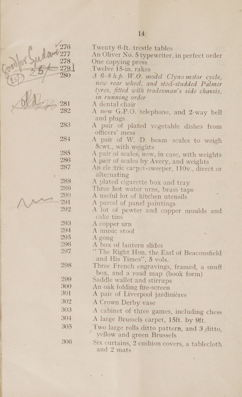 301 302 303 304 305 306 14: Twenty ee ft. trestle tables An Oliver No. 5typewriter, in perfect order One copying press new vear wheel, and steel-studded Palmer tyres, fitted with tradesman’s side chassis, im running order A dental chair A new G.P.O. telephone, and 2-way bell and plugs A pair of plated vegetable dishes from officers’ mess A pair of W. D. beam scales to weigh Scwt., with weignts A pair of scales, new, in case, with weights A pair of scales by Avery, and weights An electric carpet-sweeper, 110v., direct or alternating A plated cigarette box and tray Three hot water urns, brass taps A usetul lot of kitchen utensils . A parcel of panel paintings A lot of pewter and copper moulds and cake tins A copper urn A music stool A gong A box of lantern slides “The Right Hon. the Earl of Beaconsfield and His Fimies’’; 5 vols. ° Three French engravings, framed, a snuff box, and a road map (book form) Saddle wallet and stirrups An oak folding fire-screen A pair of Liverpool jardiniéres A Crown Derby vase A cabinet of three games, including chess A large Brussels carpet, 15ft. by 9ft. Two large rolls ditto pattern, and 3 ditto, yellow and green Brussels Six curtains, 2 cushion covers, a tablecloth and 2 mate
