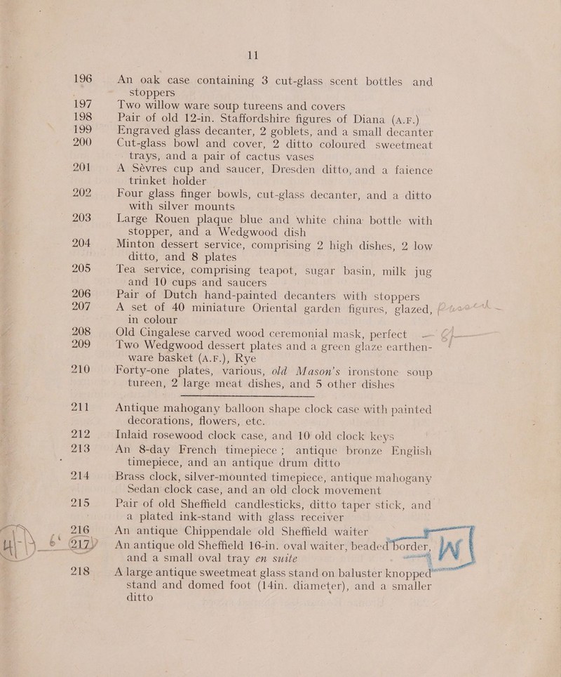 197 Zt 212 214 215 216 bl An oak case containing 3 cut-glass scent bottles and stoppers Two willow ware soup tureens and covers Pair of old 12-in. Staffordshire figures of Diana (A.F.) Engraved glass decanter, 2 goblets, and a small decanter Cut-glass bowl and cover, 2 ditto coloured sweetmeat trays, and a pair of cactus vases A Sévres cup and saucer, Dresden ditto, and a faience trinket holder Four glass finger bowls, cut-glass decanter, and a ditto with silver mounts Large Rouen plaque blue and white china: bottle with stopper, and a Wedgwood dish Minton dessert service, comprising 2 high dishes, 2 low ditto, and 8 plates Tea service, comprising teapot, sugar basin, milk jug and 10 cups and saucers Pair of Dutch hand-painted decanters with stoppers A set of 40 miniature Oriental garden figures, glazed, f in colour Old Cingalese carved wood ceremonial mask, perfect Two Wedgwood dessert plates and a green glaze earthen- ware basket (A.F.), Rye Forty-one plates, various, old Mason’s ironstone soup tureen, 2 large meat dishes, and 5 other dishes Antique mahogany balloon shape clock case with painted decorations, flowers, etc. Inlaid rosewood clock case, and 10 old clock keys An 8-day French timepiece; antique bronze English timepiece, and an antique drum ditto Brass clock, silver-mounted timepiece, antique mahogany Sedan clock case, and an old clock movement Pair of old Sheffield candlesticks, ditto taper stick, and a plated ink-stand with glass receiver An antique Chippendale old Sheffield waiter  Wee and a small oval tray en suite oe © A large antique sweetmeat glass stand on baluster knoppec stand and domed foot (14in. diameter), and a smaller ditto