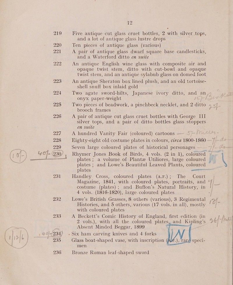 a 219 Five antique cut glass cruet bottles, 2 with silver tops, and a lot of antique glass lustre drops 220 Ten pieces of antique glass (various) 221 A pair of antique glass dwarf square base candlesticks, and a Waterford ditto en suite 222, An antique English wine glass with composite air and opaque twist stem, ditto with cut-bowl and opaque twist stem, and an antique sylabub glass on domed foot. 223 An antique Sheraton box lined plush, and an old tortoise- shell snuff box inlaid gold 224 Two agate sword-hilts, Japanese ivory ditto, and an, onyx paper-weight / (pt 225 Two pieces of beadwork, a pinchbeck necklet, and 2 ditto 4 5L- brooch frames en 226 A pair of antique cut glass cruet bottles with George III : silver tops, and a pair of ditto bottles glass stoppers en suite 227 A hundred Vanity Fair (coloured) cartoons — | 228 Eighty-eight old costume plates in colours, circa 1800-1860 - 229 Seven large coloured plates of historical personages —— “//— “»- ty of 230) Rhymer Jones Book of Birds, 4 vols. (2 in 1), coloured »,— ce plates; a volume of Plante Utiliores, large coloured ~ \ plates ; and Lowe’s Beautiful Leaved Plants, coloured plates - nome 231 Handley Cross, coloured plates (A.F.); The Court Magazine, 1841, with coloured plates, portraits, ee Tt costume (plates) ; and Buffon’s Natural History, in | 4 vols. (1816- 1820), large coloured plates “| 232 Lowe’s British Grasses, 8 othets (various), 3 Regimental IB q Histories, and 5 others, various (17 vols. in all), mostly ‘ ~/— with coloured plates : 233 A Beckett’s Comic History of England, first edition (in ei 2 vols.), with all the coloured plates, and Ki pling’s Weq 1% 3% Absent Minded Beggar, 1899 rated 1 +234) . Six ham carving knives and 4 forks 235 Glass boat-shaped vase, with inscription men  236 Bronze Roman leaf-shaped sword